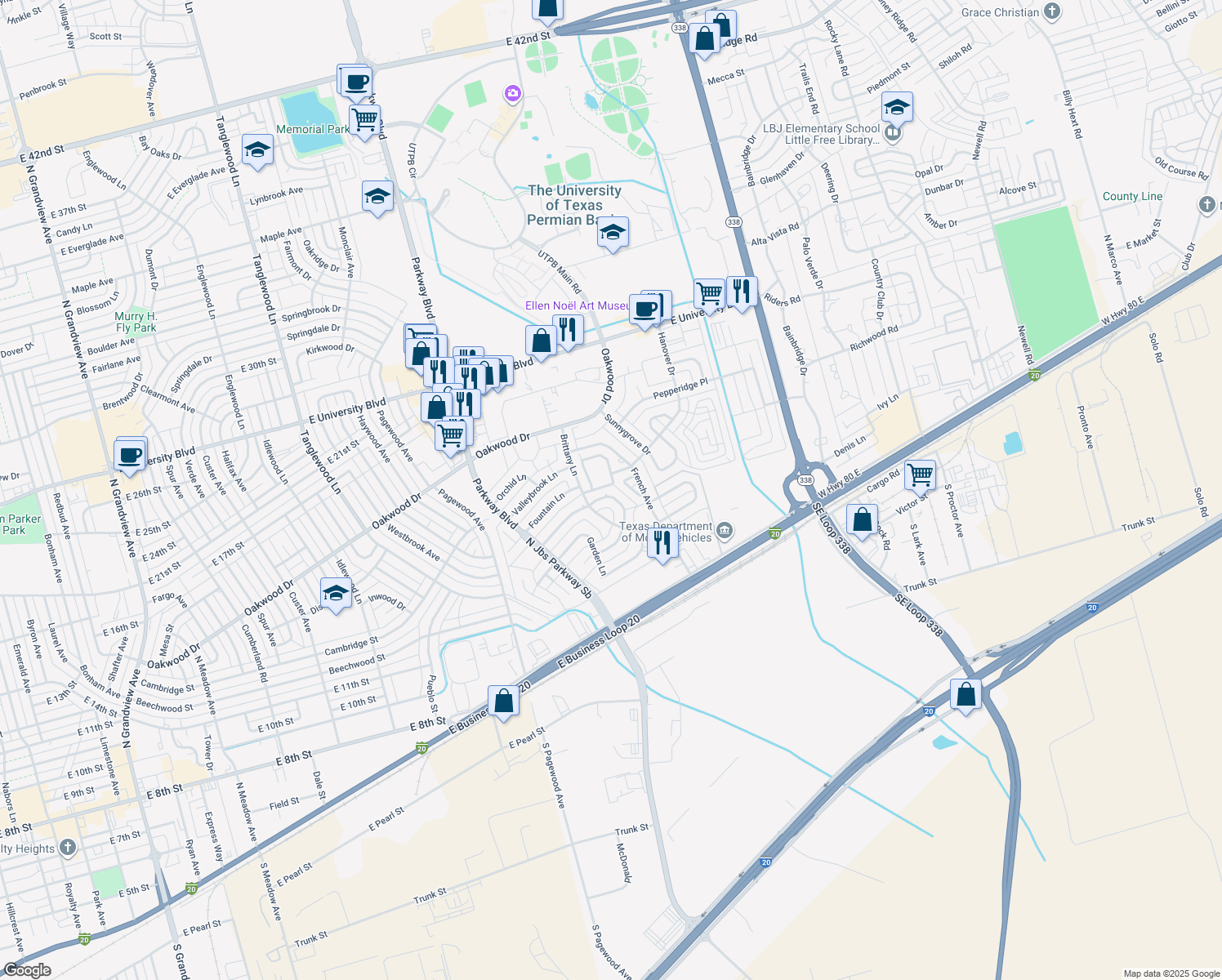 map of restaurants, bars, coffee shops, grocery stores, and more near 30 Preston Oaks Circle in Odessa