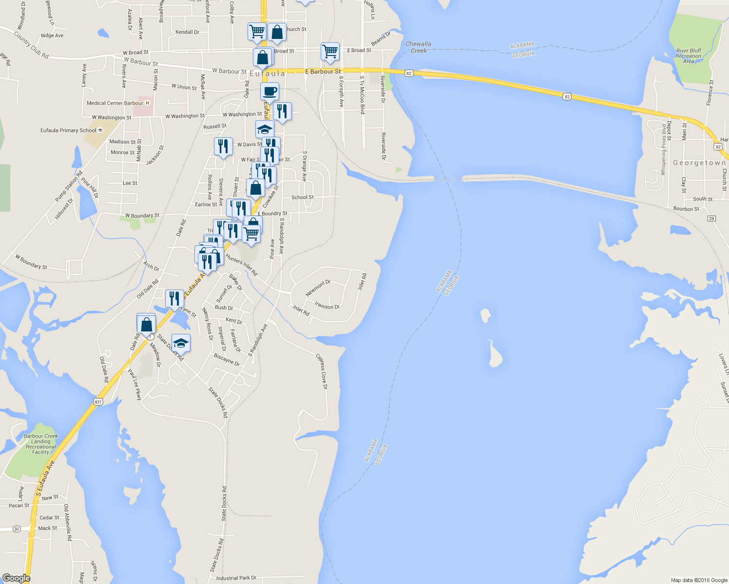 map of restaurants, bars, coffee shops, grocery stores, and more near 556 Inlet Rd in Eufaula