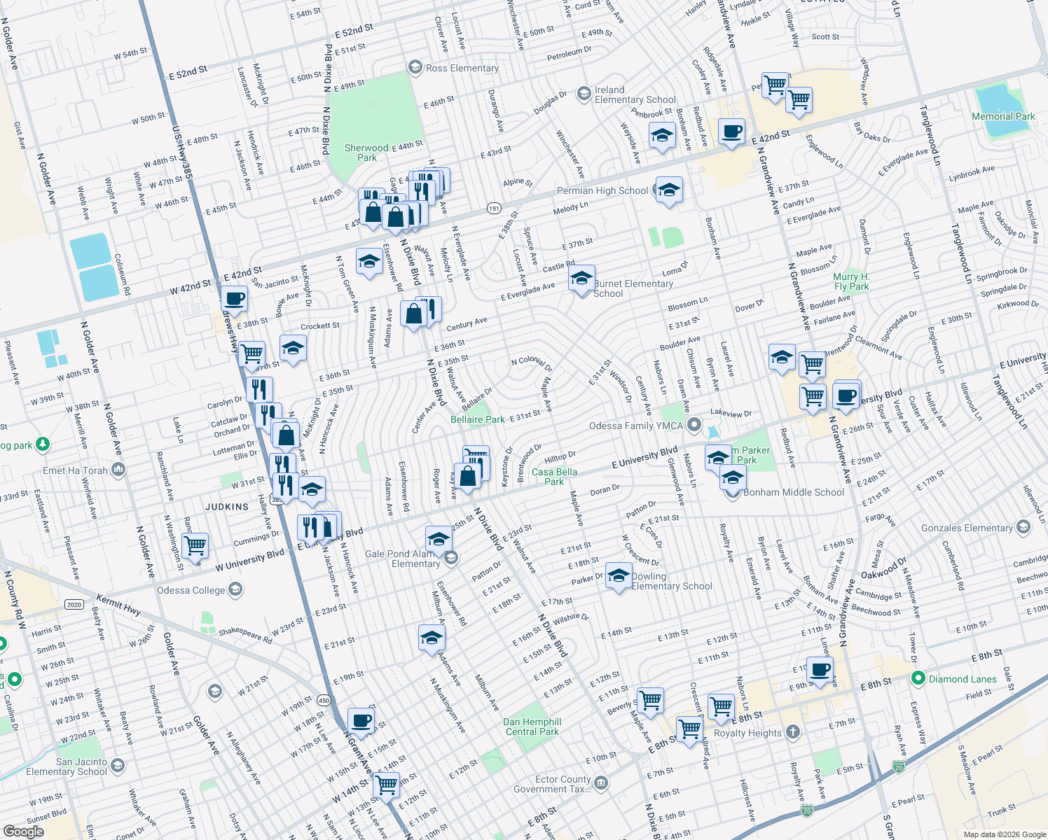 map of restaurants, bars, coffee shops, grocery stores, and more near 2718 East 31st Street in Odessa