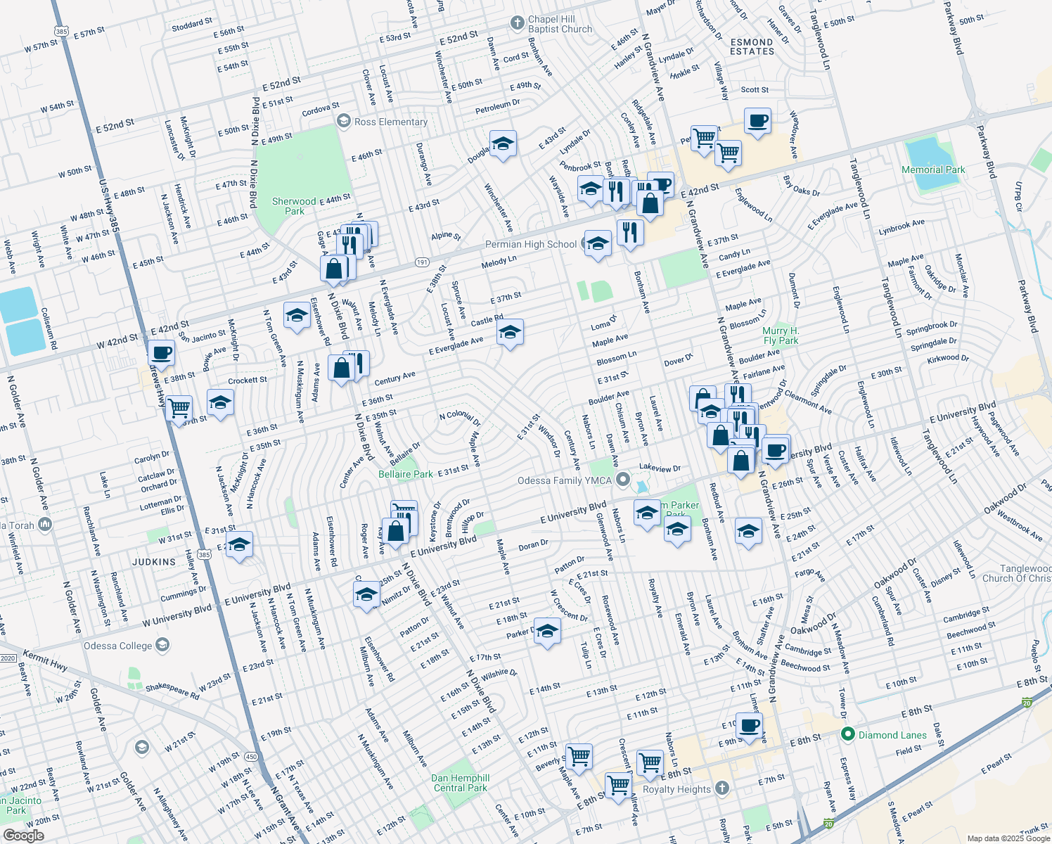 map of restaurants, bars, coffee shops, grocery stores, and more near 3101 Windsor Dr in Odessa