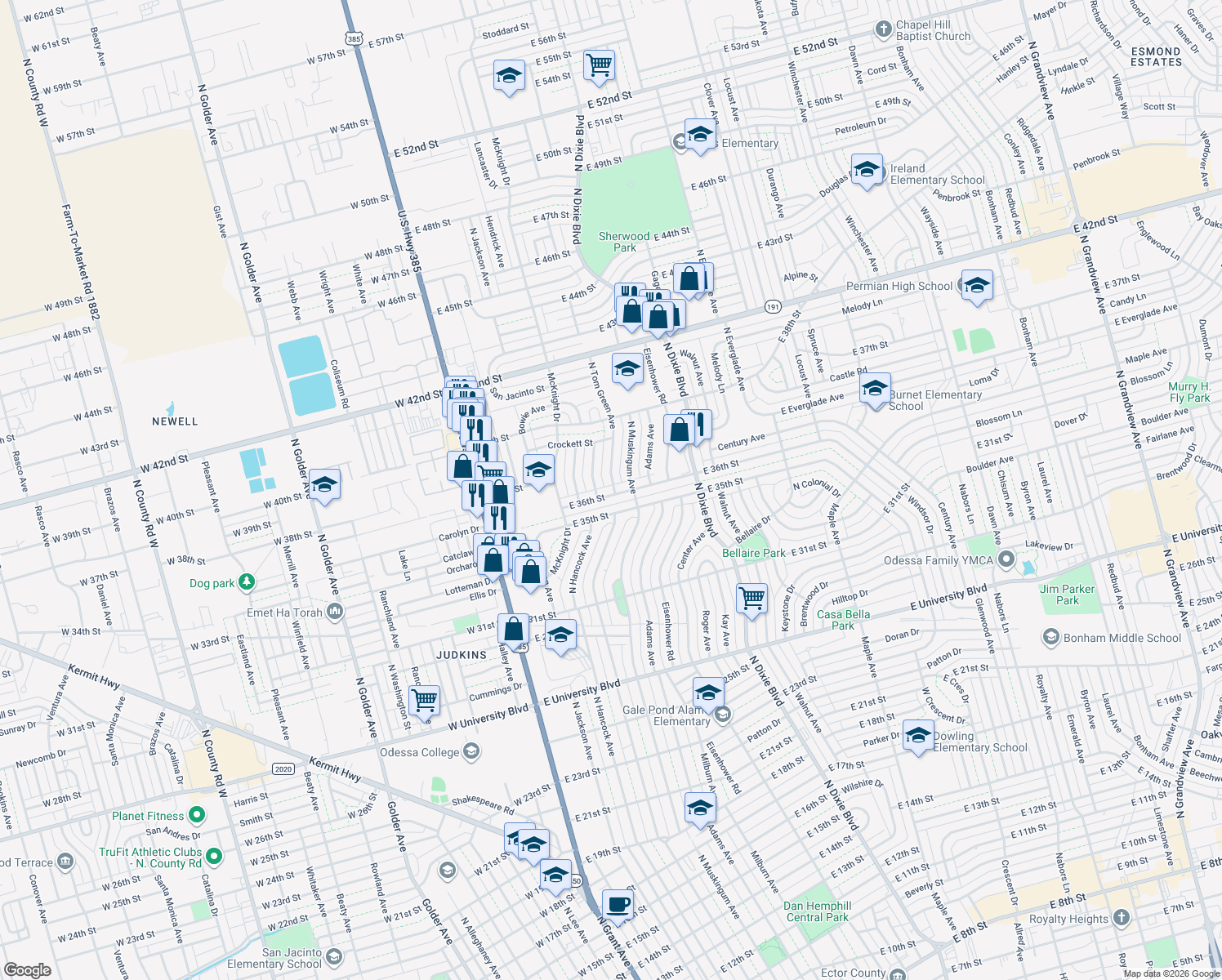 map of restaurants, bars, coffee shops, grocery stores, and more near 607 E 36th St in Odessa