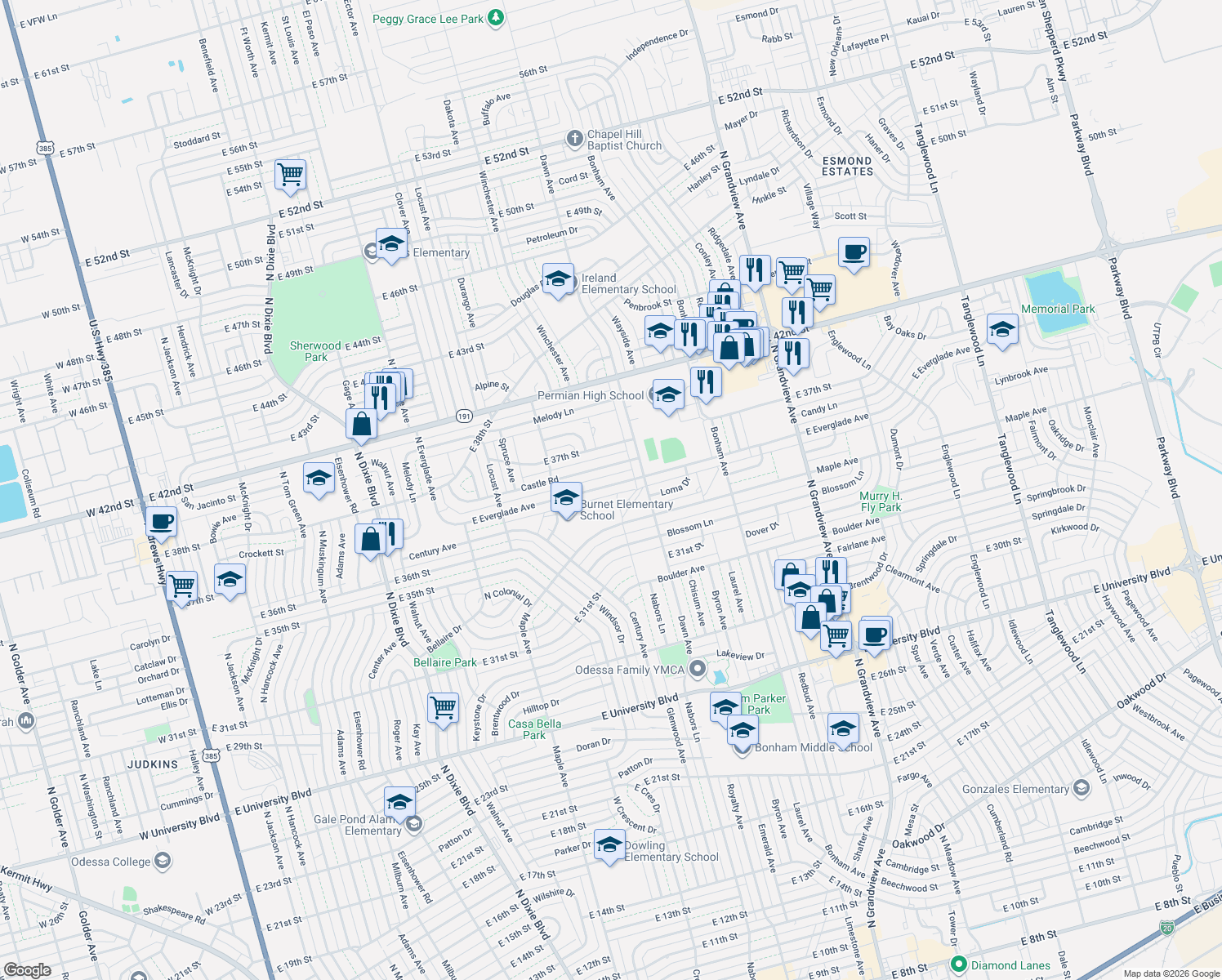 map of restaurants, bars, coffee shops, grocery stores, and more near 1624 East Everglade Avenue in Odessa