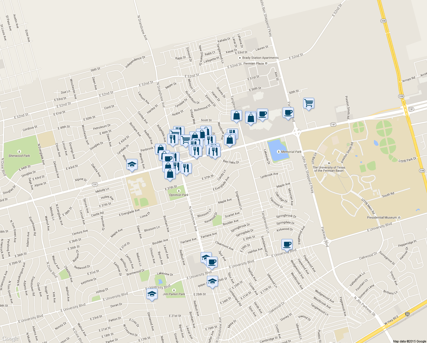 map of restaurants, bars, coffee shops, grocery stores, and more near 4001 E 37th St in Odessa