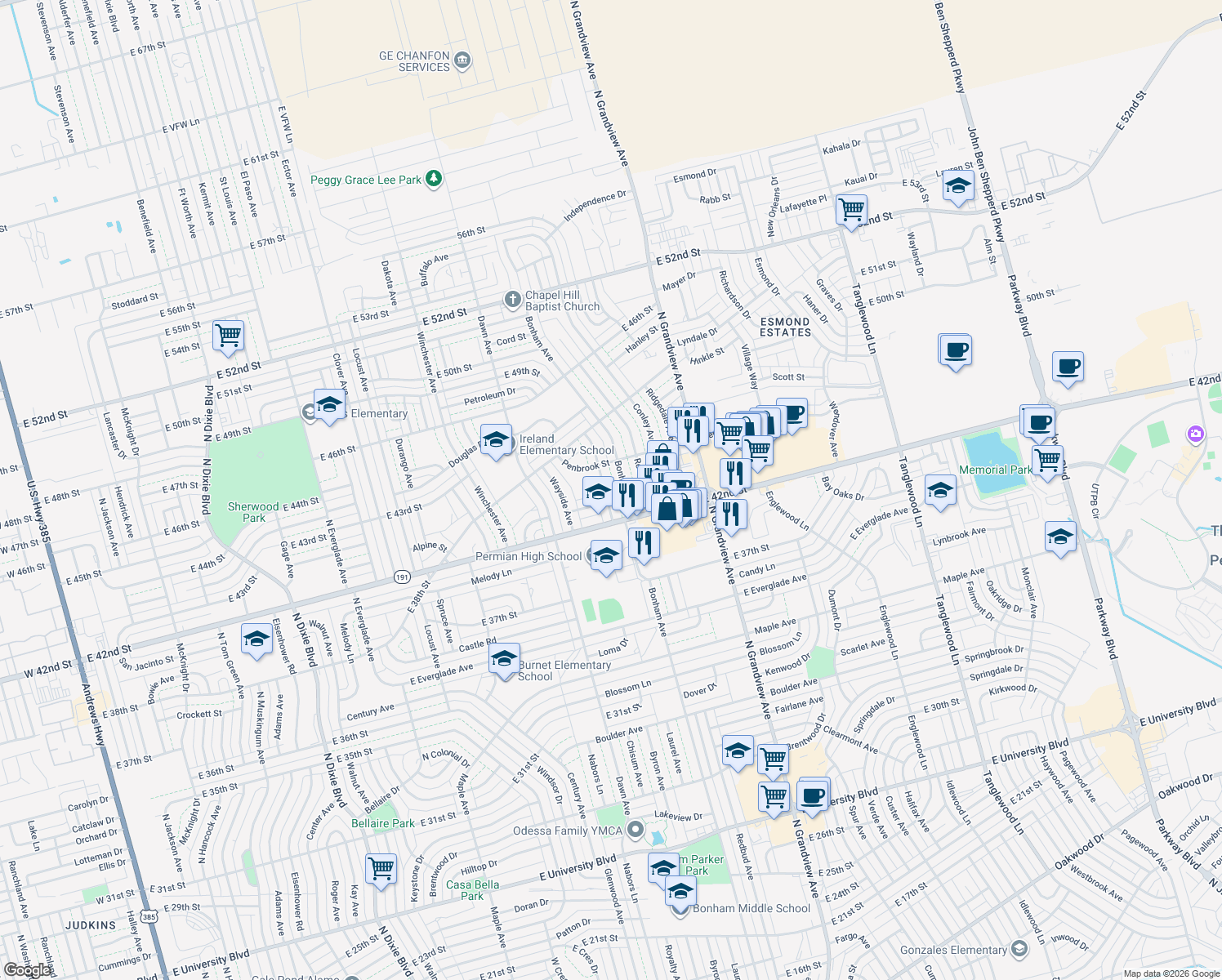 map of restaurants, bars, coffee shops, grocery stores, and more near 4214 Waverly Avenue in Odessa