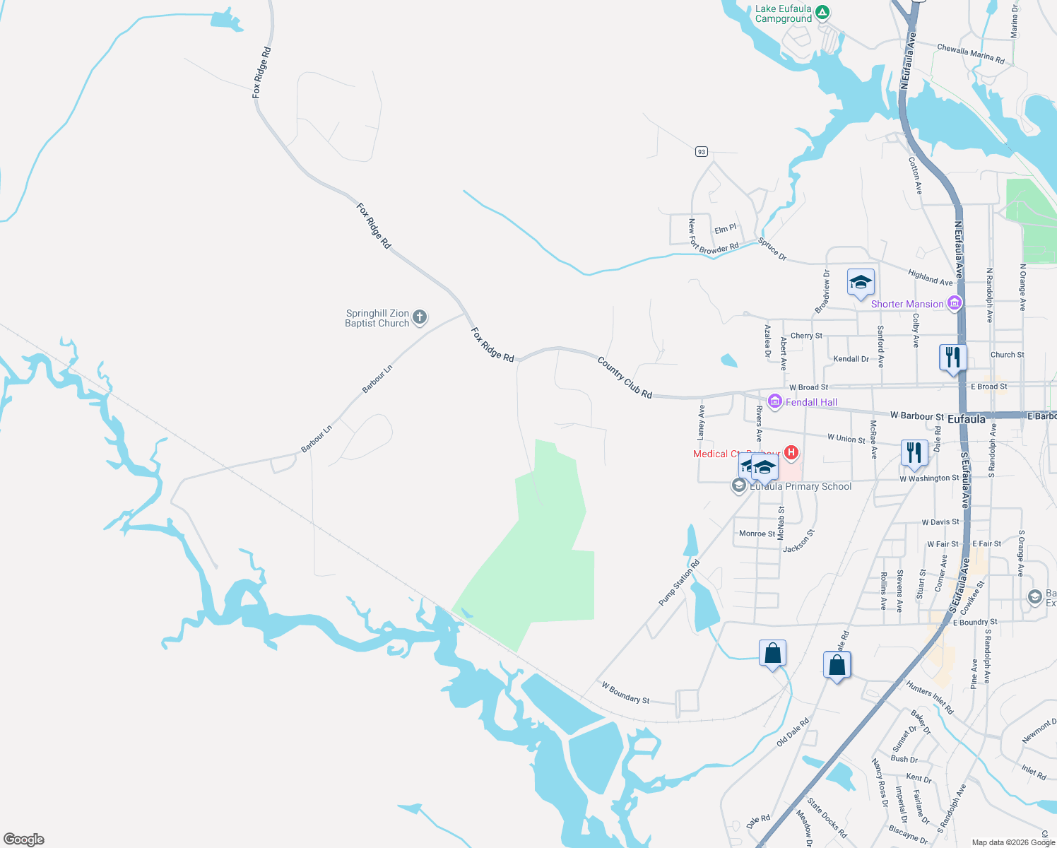 map of restaurants, bars, coffee shops, grocery stores, and more near 2343 Country Club Rd in Eufaula