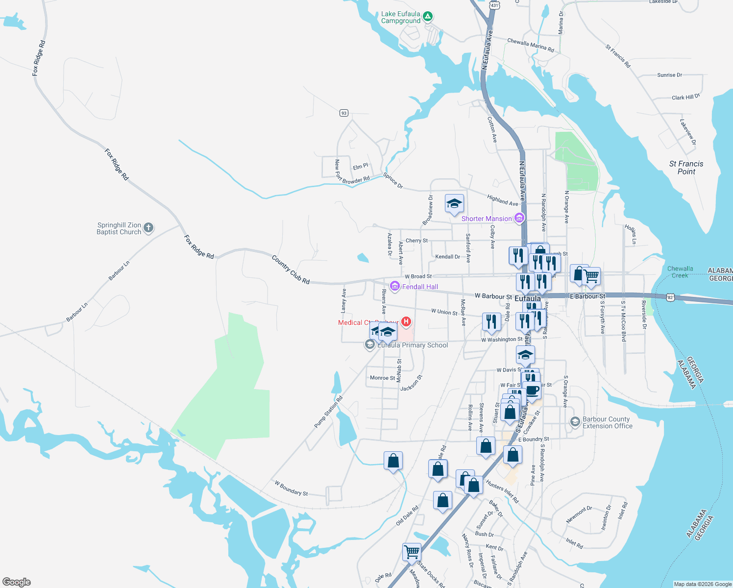 map of restaurants, bars, coffee shops, grocery stores, and more near 1105 Doren Dr in Eufaula