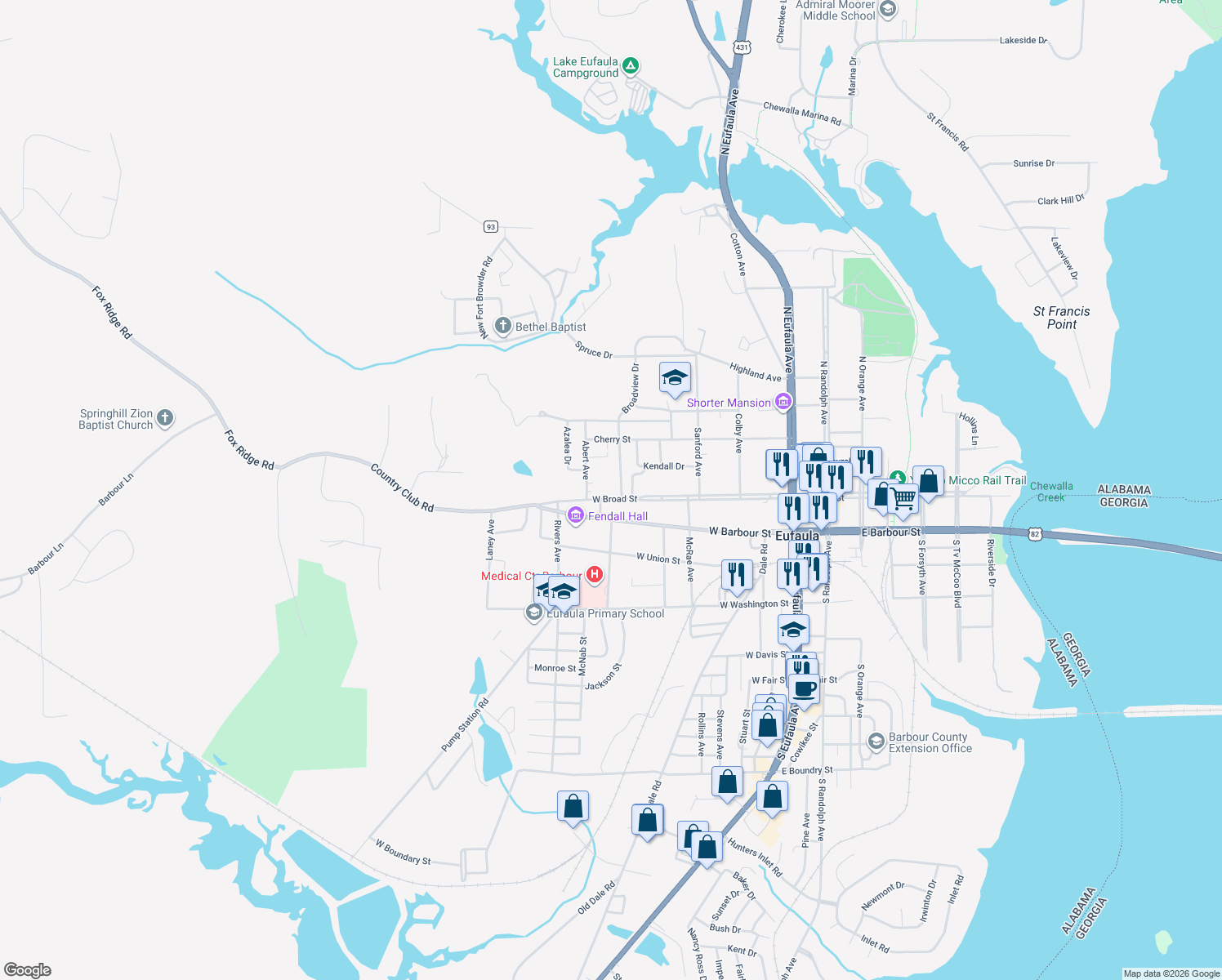 map of restaurants, bars, coffee shops, grocery stores, and more near 742 W Broad St in Eufaula