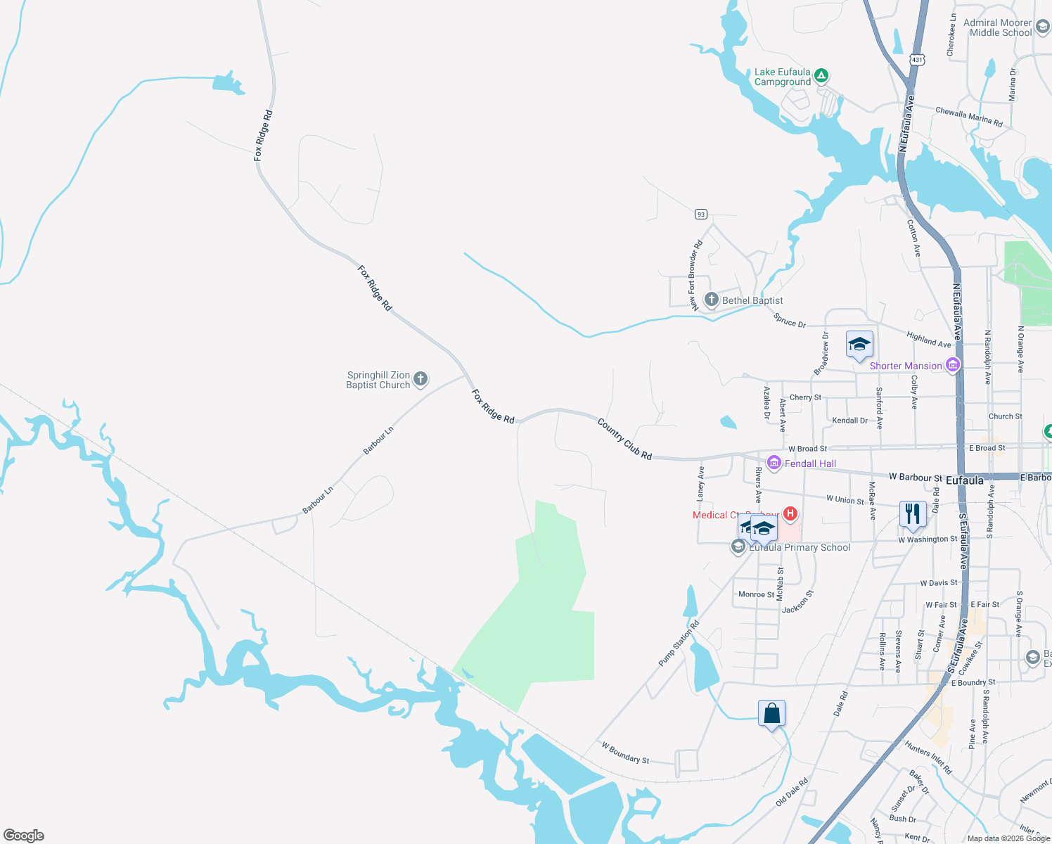map of restaurants, bars, coffee shops, grocery stores, and more near 2033 Country Club Road in Eufaula