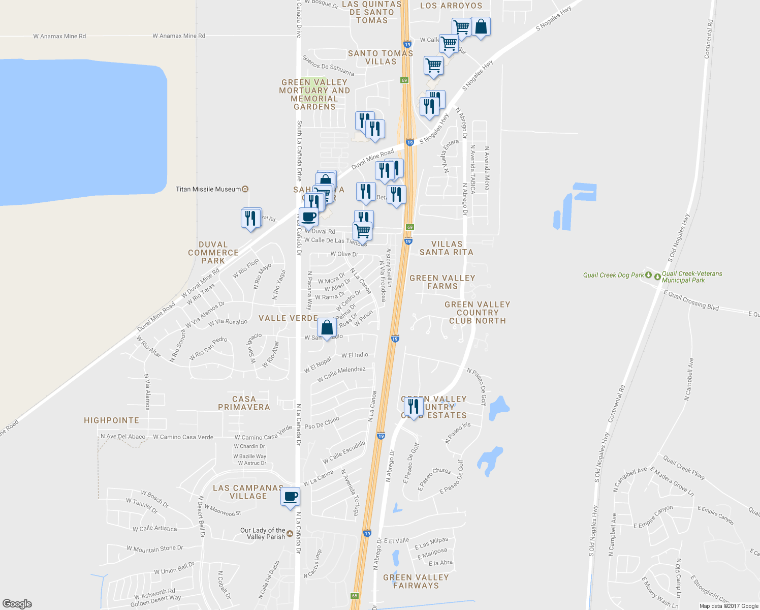 map of restaurants, bars, coffee shops, grocery stores, and more near 1640 North La Canoa in Green Valley