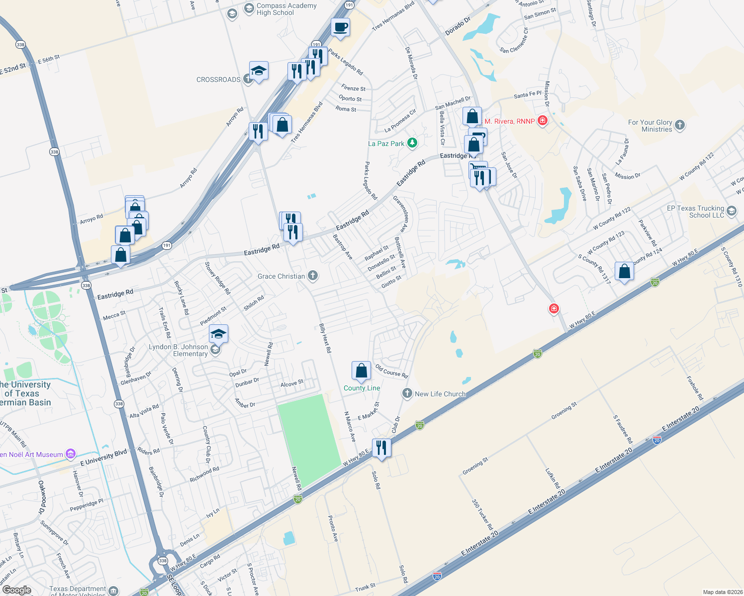 map of restaurants, bars, coffee shops, grocery stores, and more near 7026 Robbie Road in Odessa