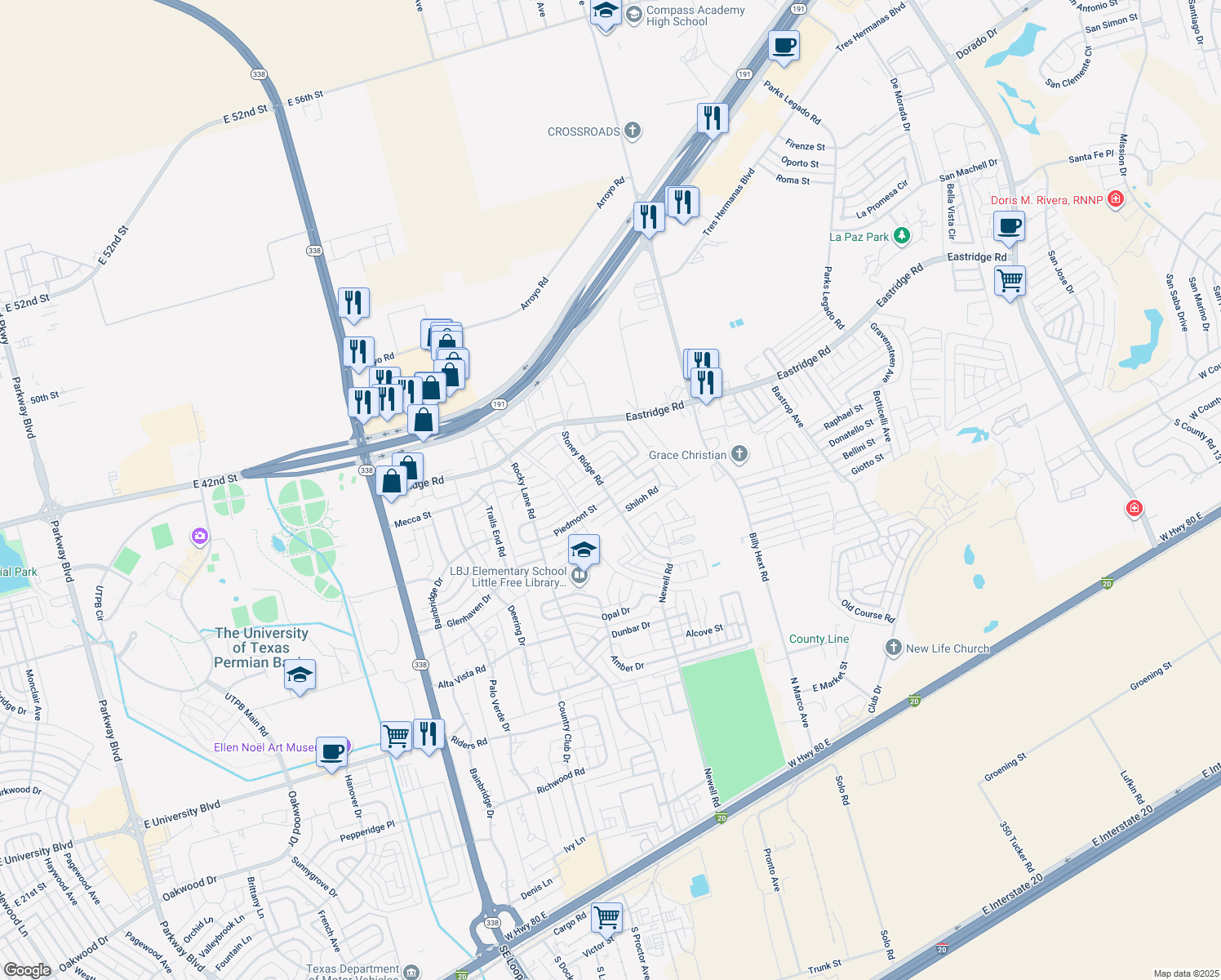map of restaurants, bars, coffee shops, grocery stores, and more near 3 Sapphire Street in Odessa