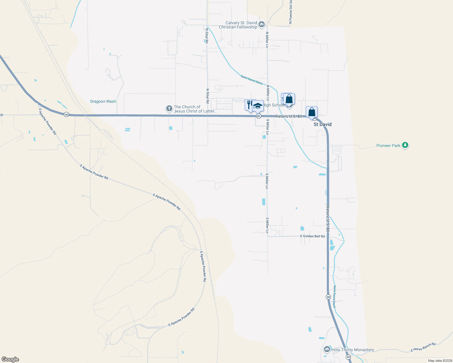 map of restaurants, bars, coffee shops, grocery stores, and more near 585 West Broken Acres Road in Saint David