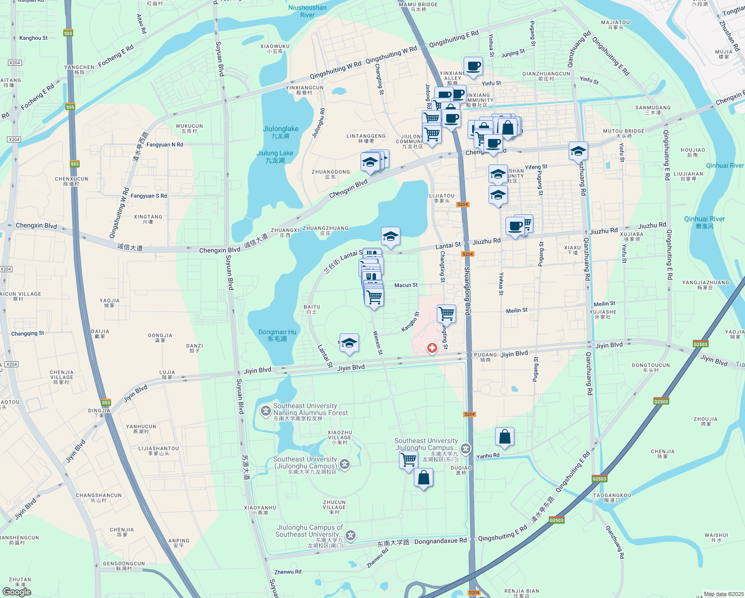 map of restaurants, bars, coffee shops, grocery stores, and more near 28 Wen Xin Jie in Nan Jing Shi