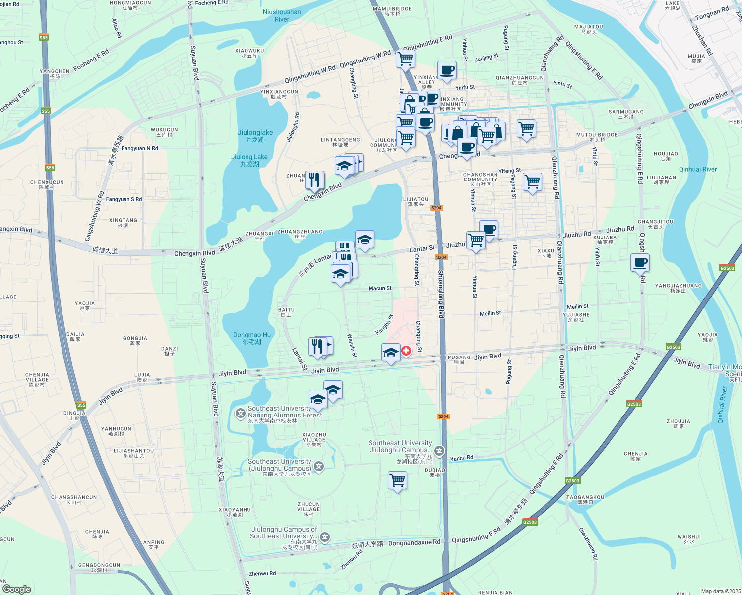 map of restaurants, bars, coffee shops, grocery stores, and more near 28 Wen Xin Jie in Nan Jing Shi