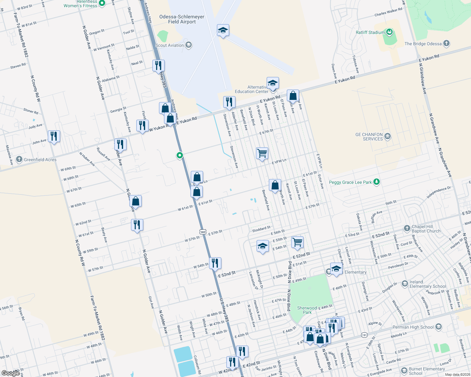 map of restaurants, bars, coffee shops, grocery stores, and more near 401 East 61st Street in Odessa