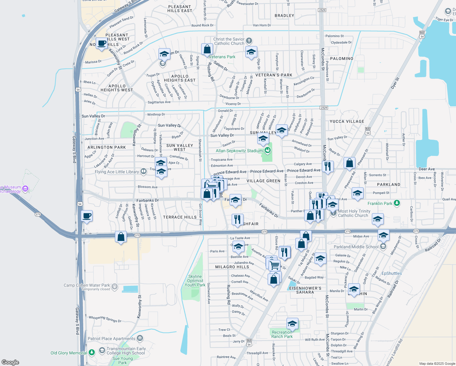 map of restaurants, bars, coffee shops, grocery stores, and more near 5129 Kodiak Ave in El Paso