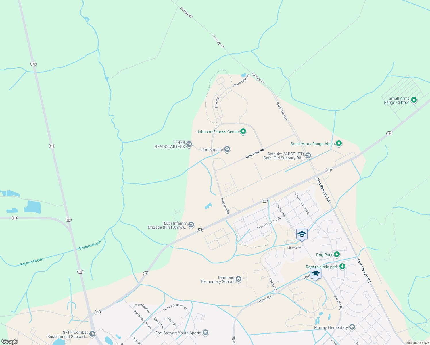 map of restaurants, bars, coffee shops, grocery stores, and more near Vanguard Road in Fort Stewart