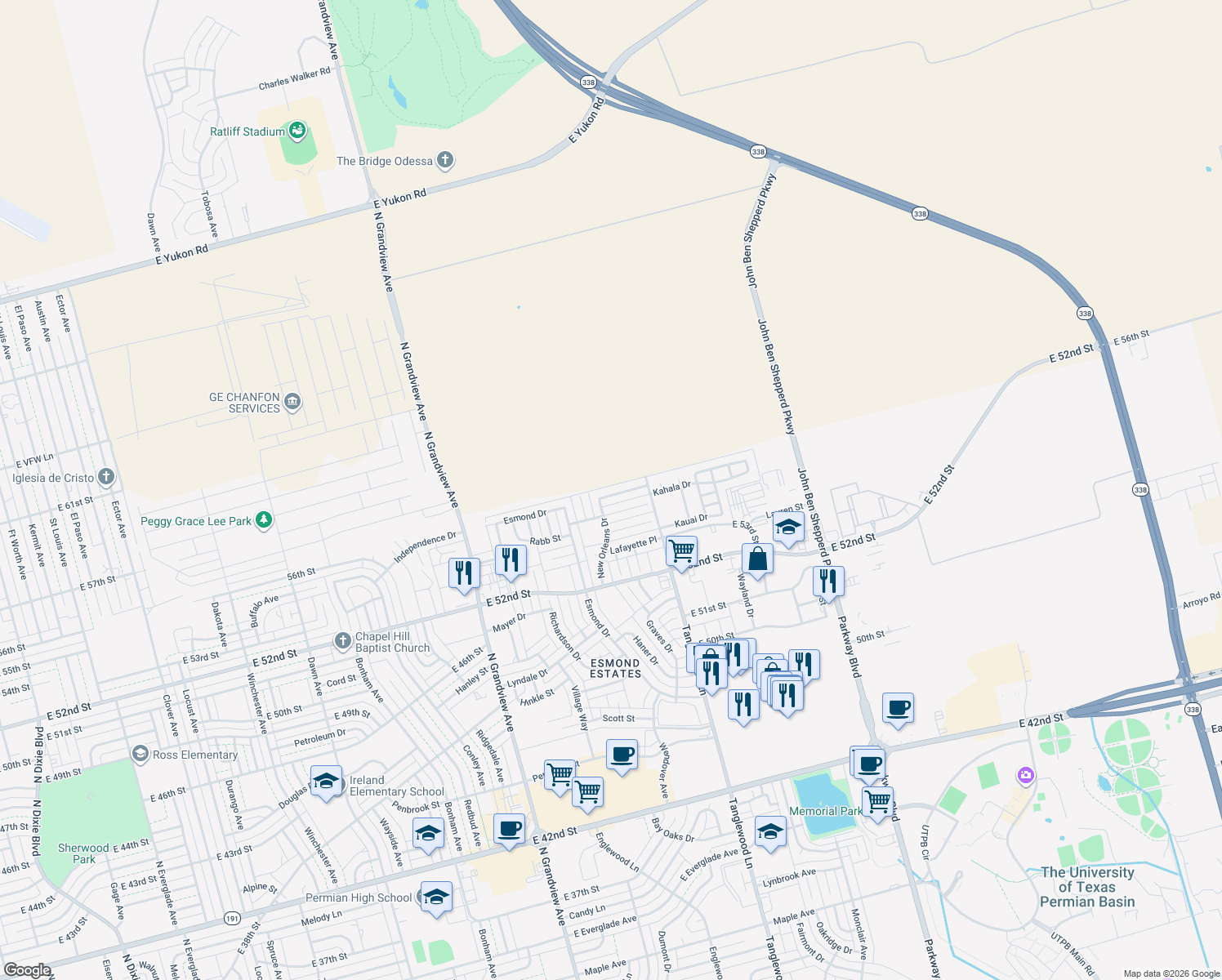 map of restaurants, bars, coffee shops, grocery stores, and more near 4013 New Orleans Dr in Odessa