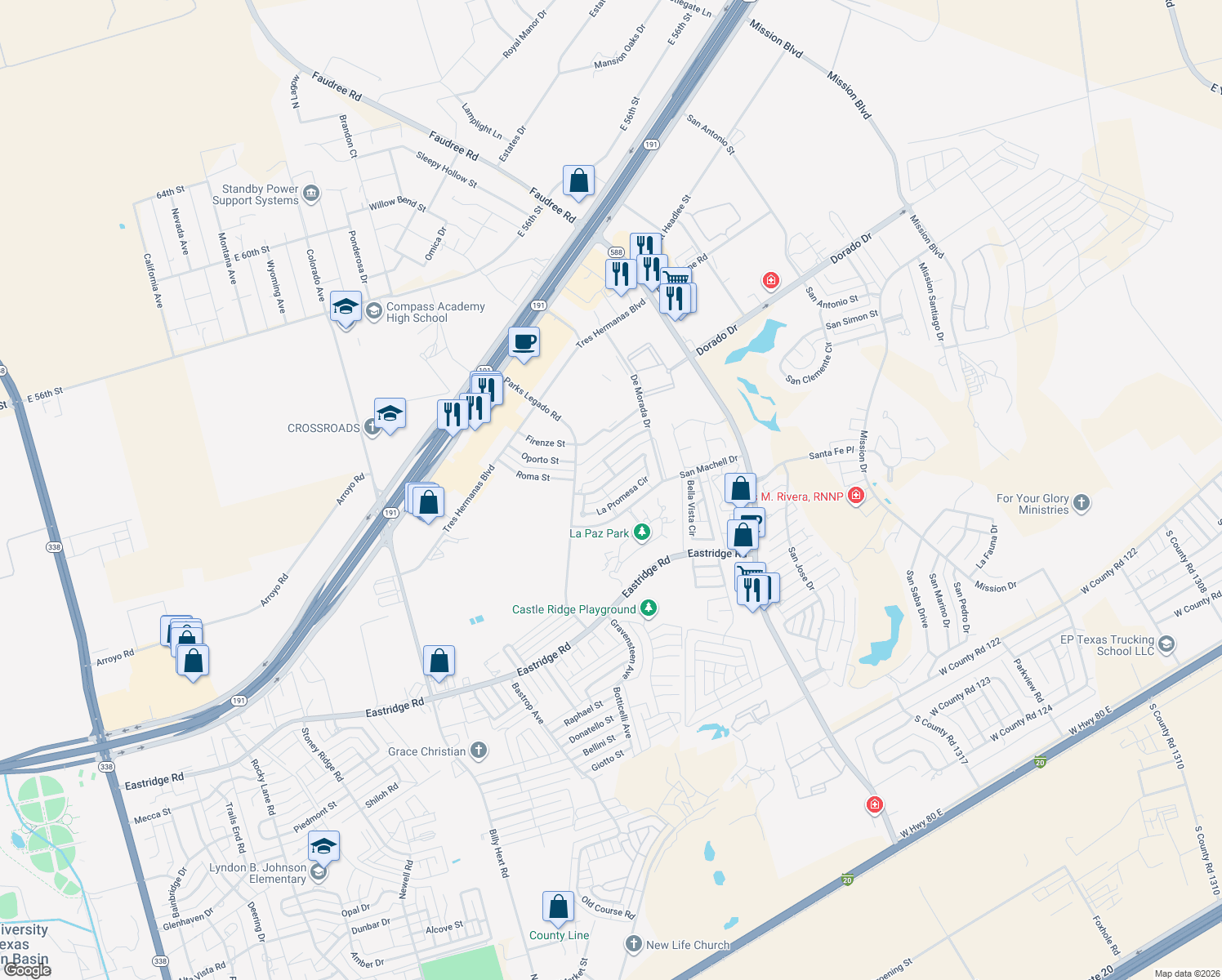 map of restaurants, bars, coffee shops, grocery stores, and more near 10 La Promesa Circle in Odessa