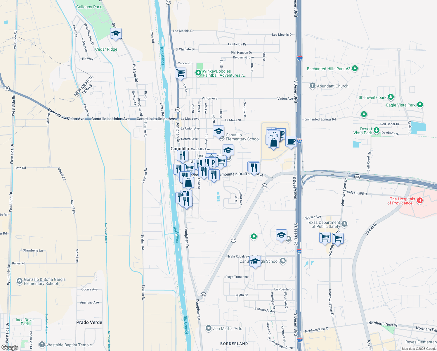 map of restaurants, bars, coffee shops, grocery stores, and more near 516 Talbot Avenue in Canutillo