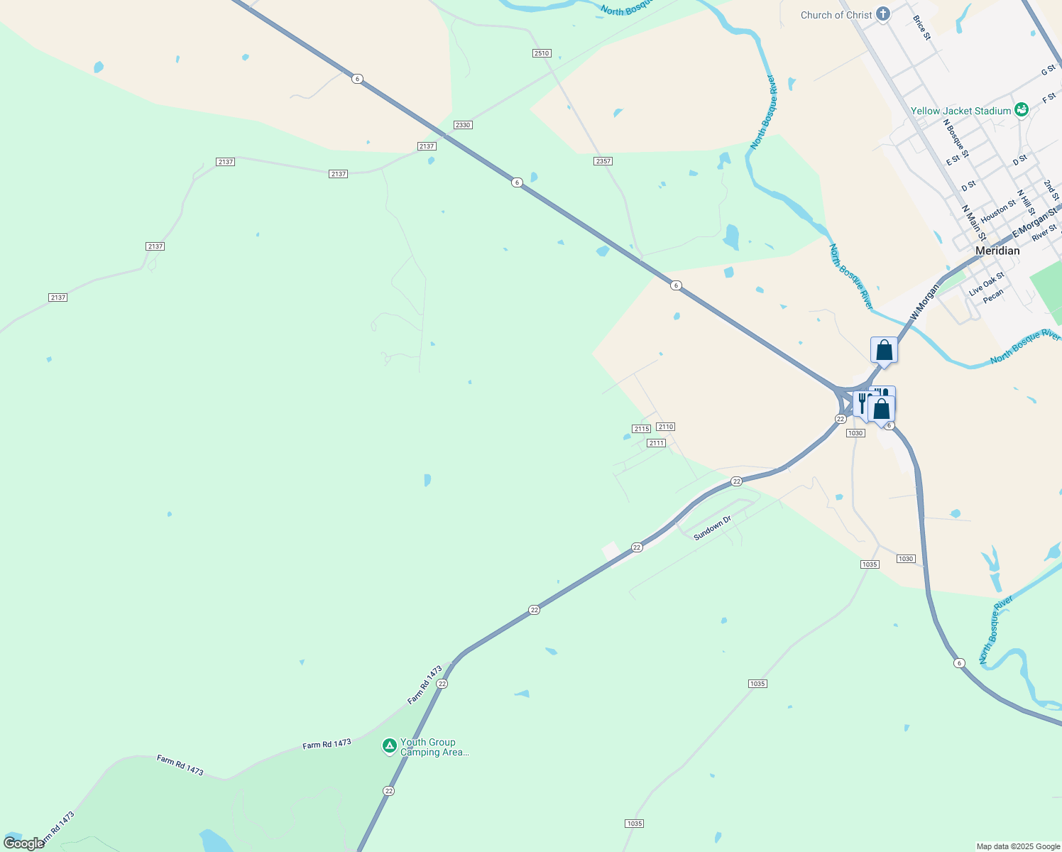 map of restaurants, bars, coffee shops, grocery stores, and more near 737 Highway 144 in Meridian