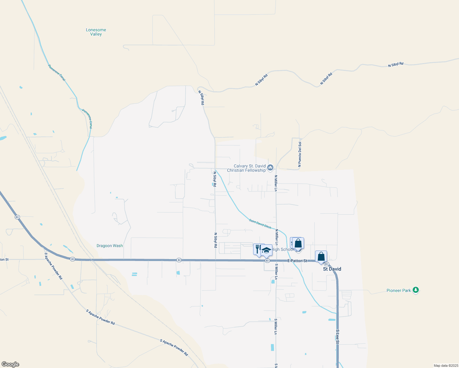 map of restaurants, bars, coffee shops, grocery stores, and more near 452 N Higgie Ln in St. David