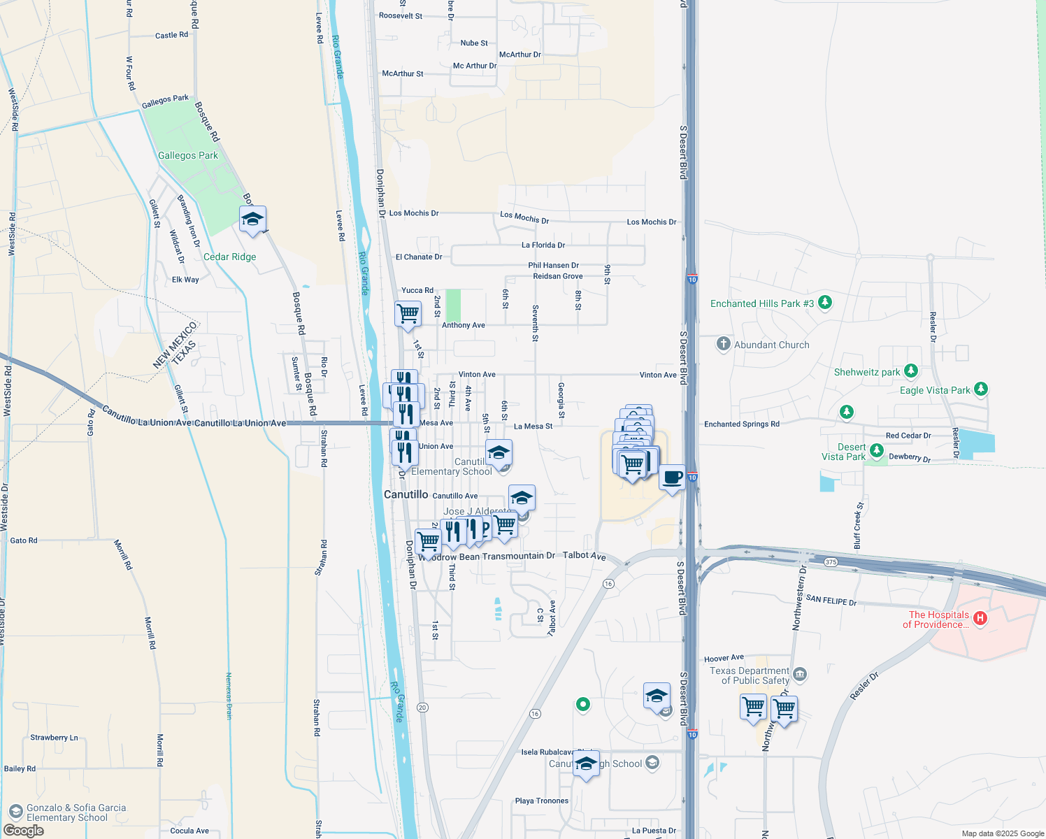 map of restaurants, bars, coffee shops, grocery stores, and more near 717 La Mesa Ave in Canutillo