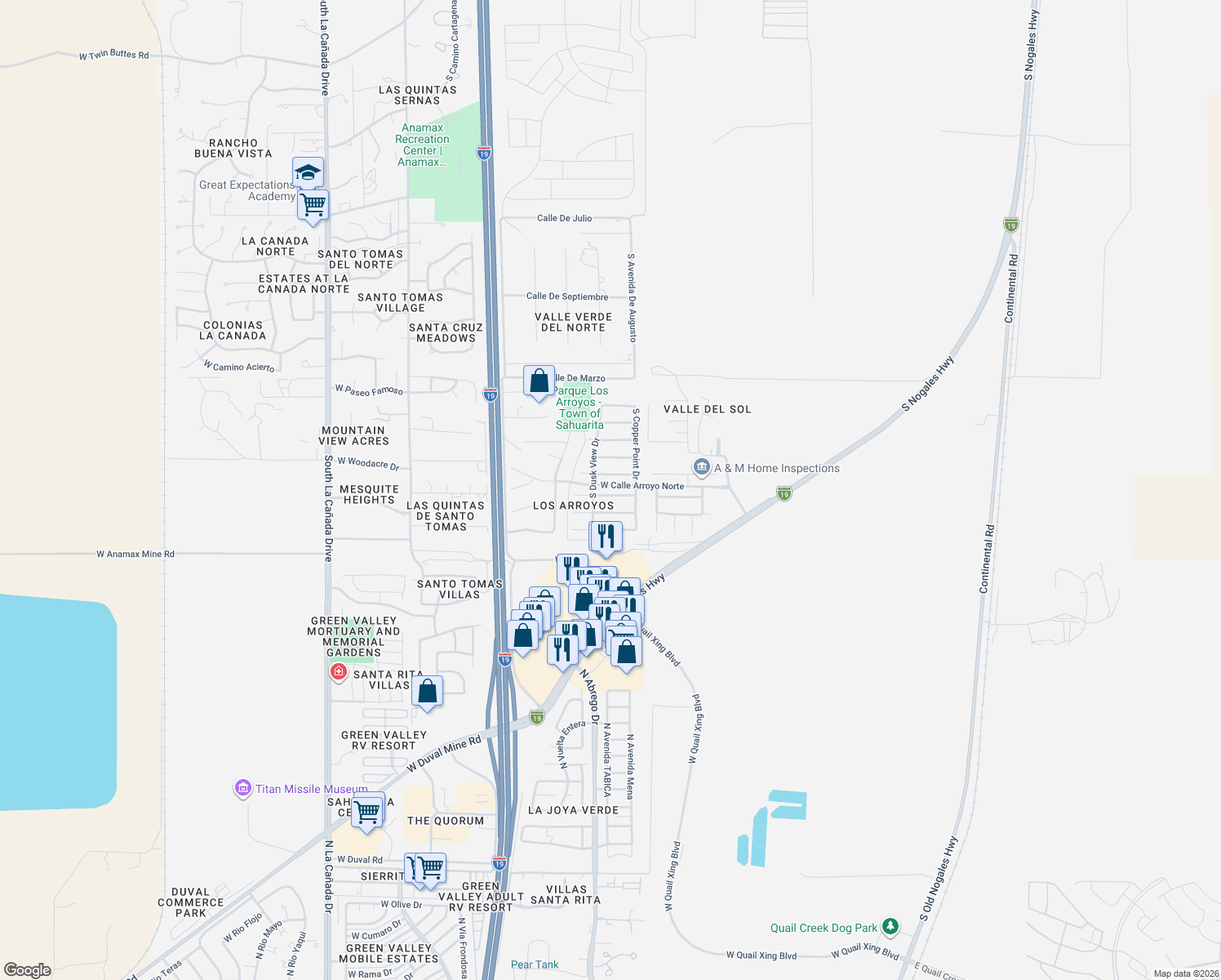 map of restaurants, bars, coffee shops, grocery stores, and more near 690 West Cholla Crest Drive in Green Valley