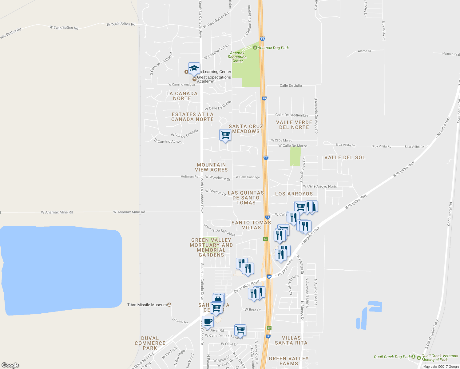 map of restaurants, bars, coffee shops, grocery stores, and more near 1203 West Woodacre Drive in Sahuarita