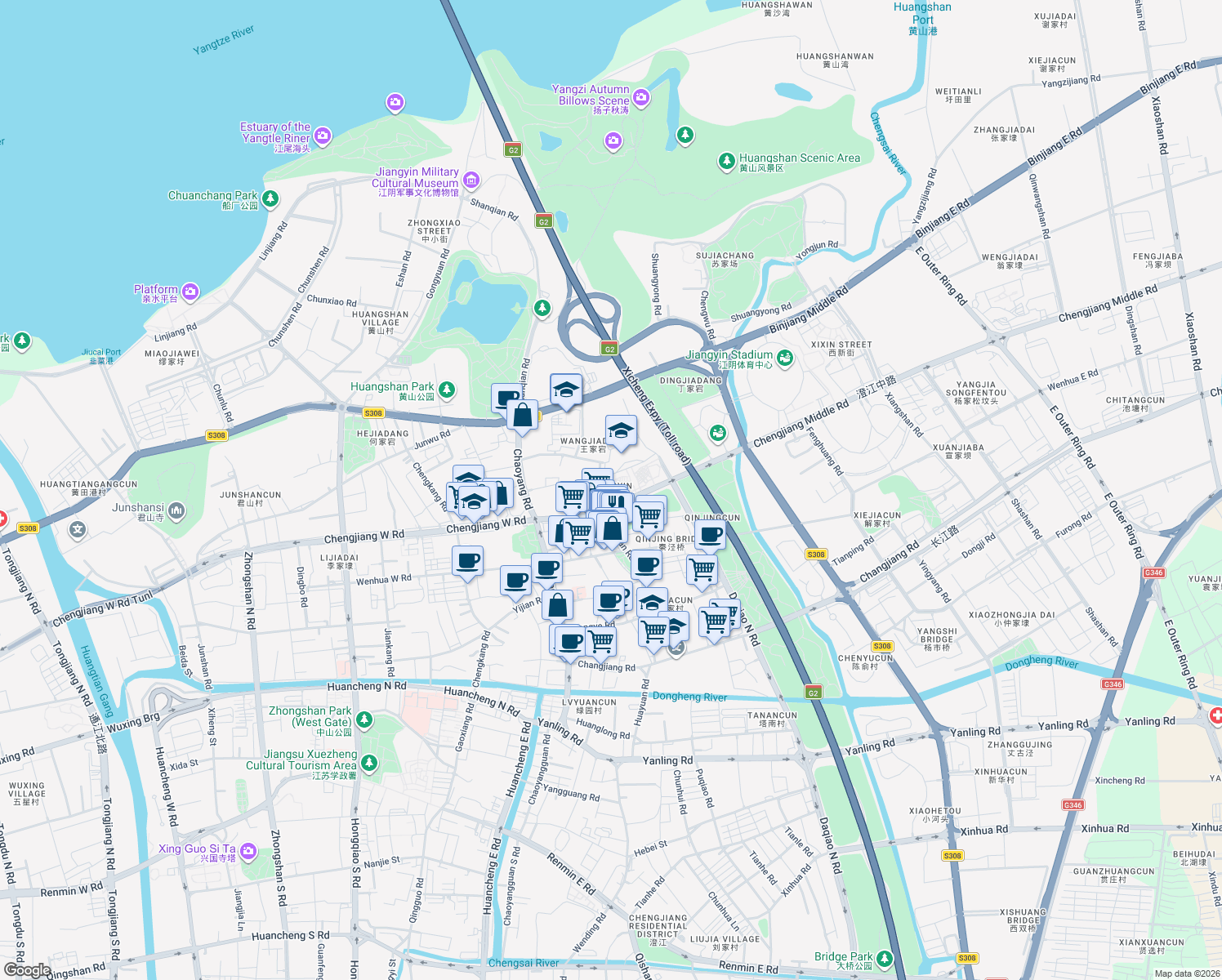 map of restaurants, bars, coffee shops, grocery stores, and more near in Wuxi