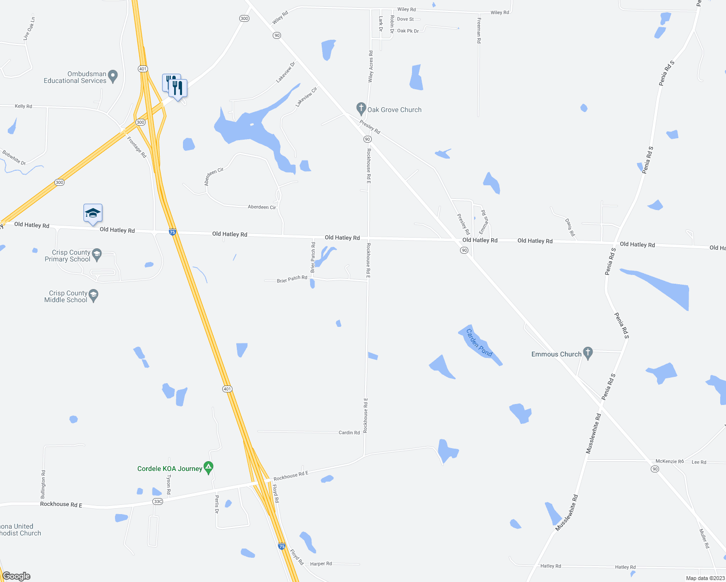 map of restaurants, bars, coffee shops, grocery stores, and more near 114 Brier Patch Road in Cordele