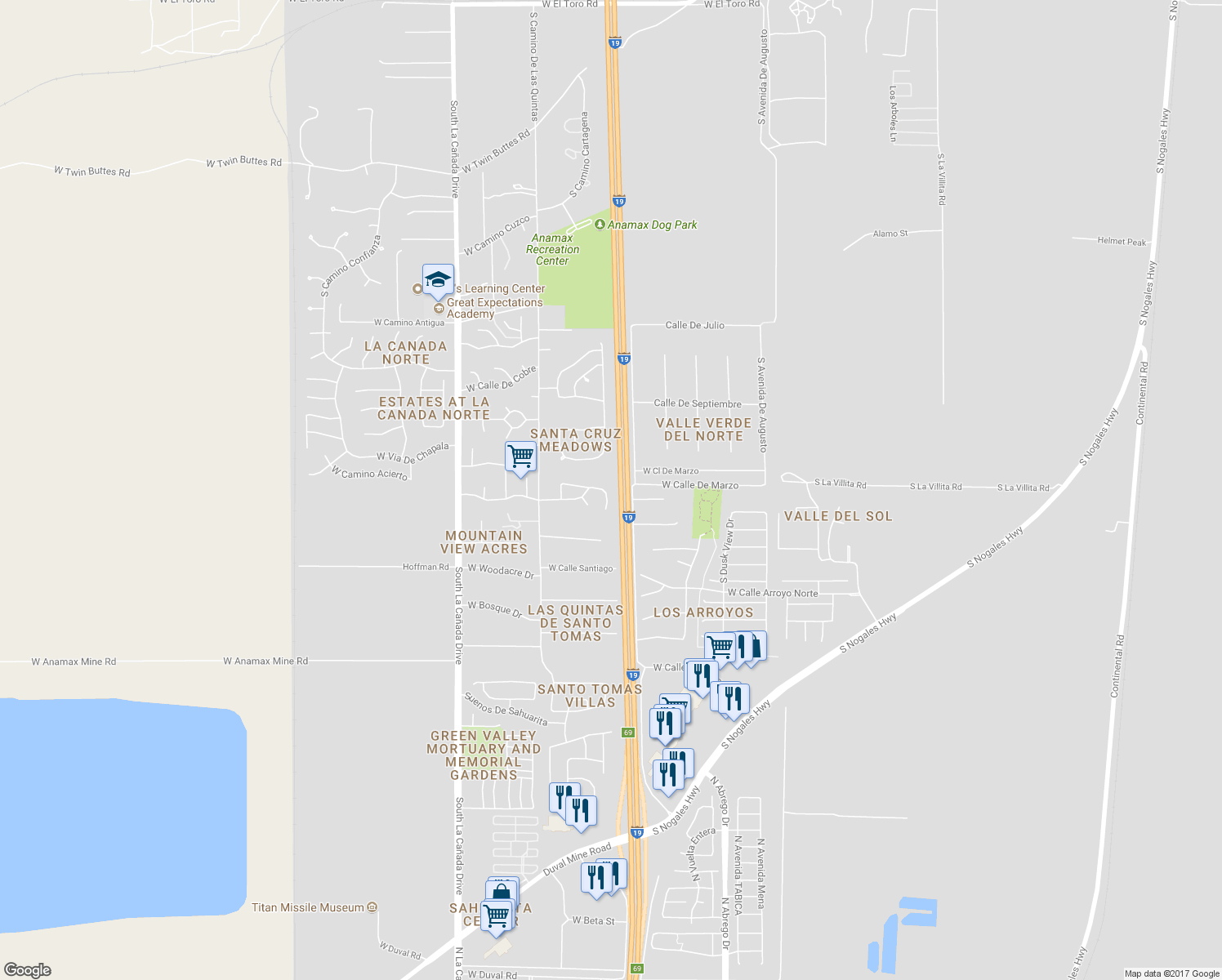 map of restaurants, bars, coffee shops, grocery stores, and more near 18137 South Still Lea Place in Sahuarita