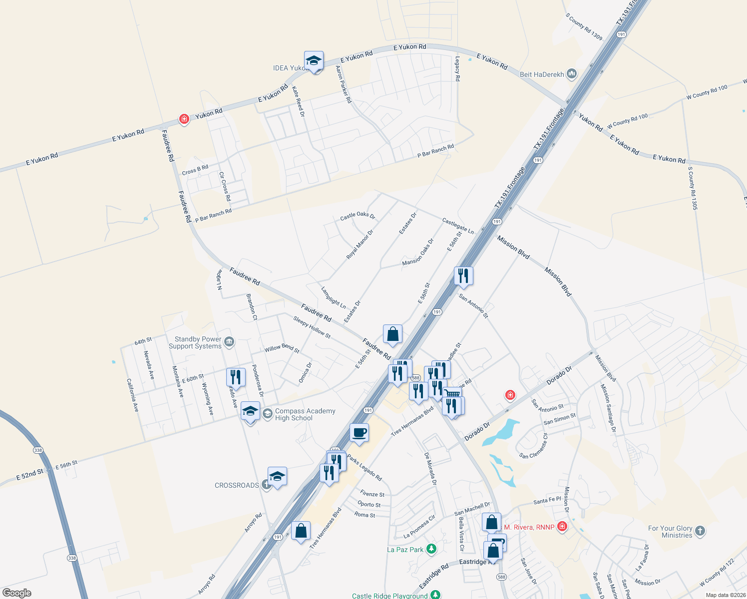 map of restaurants, bars, coffee shops, grocery stores, and more near 10 Estates Drive in Odessa