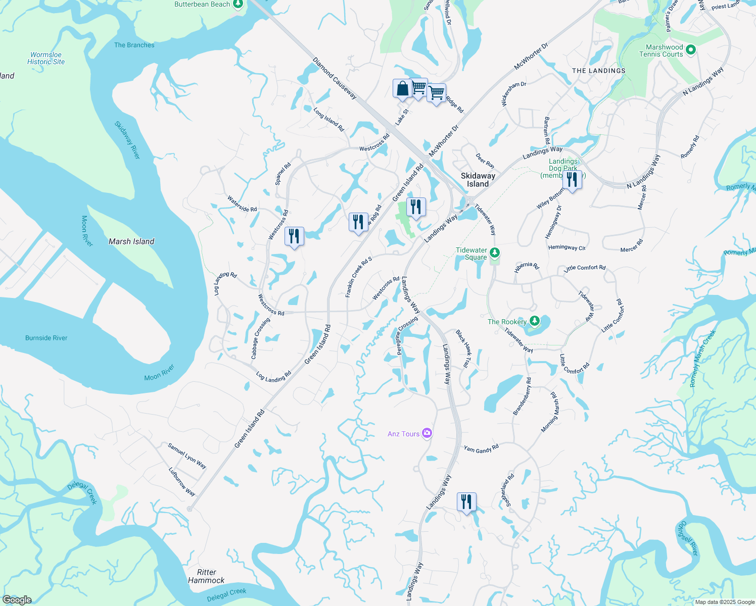 map of restaurants, bars, coffee shops, grocery stores, and more near 6 Westcross Road in Savannah