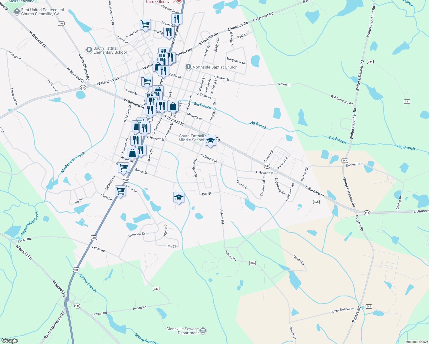 map of restaurants, bars, coffee shops, grocery stores, and more near 410 Auburn Road in Glennville