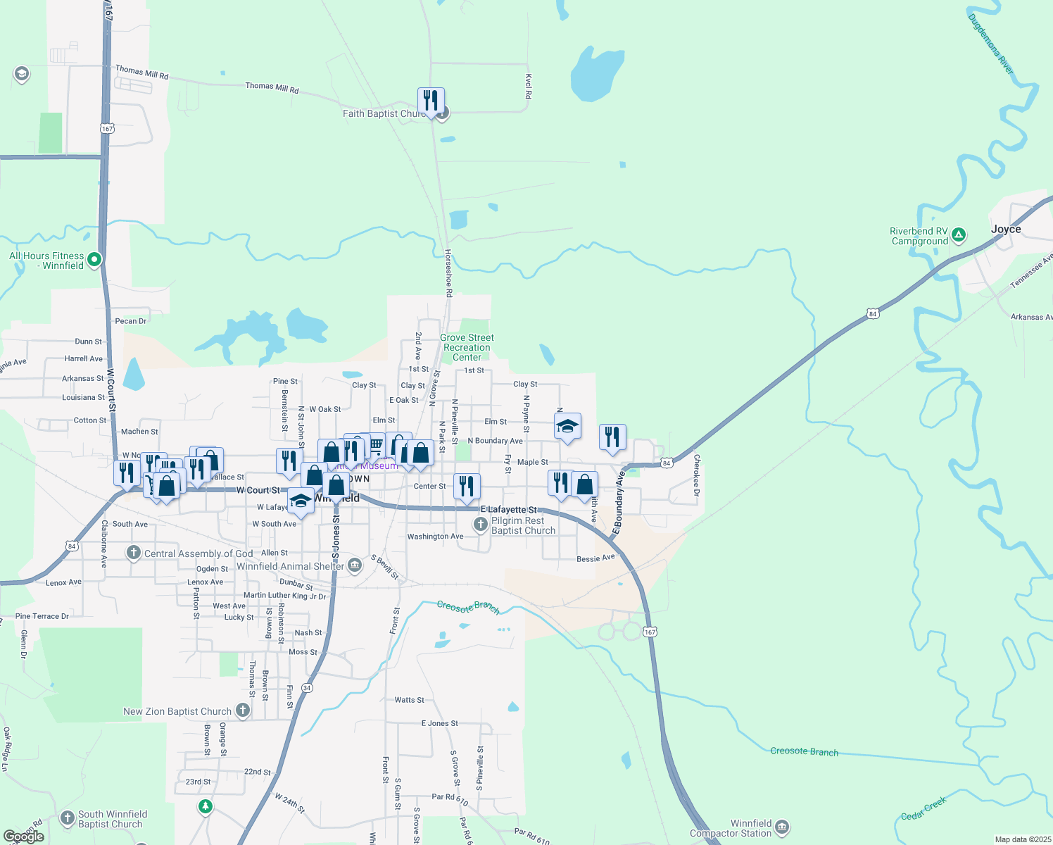 map of restaurants, bars, coffee shops, grocery stores, and more near 1398 Elm St in Winnfield