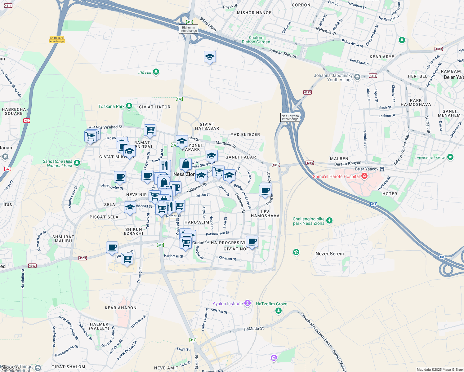 map of restaurants, bars, coffee shops, grocery stores, and more near 1 Rekhav'am Ze'evi Street in Ness Ziona