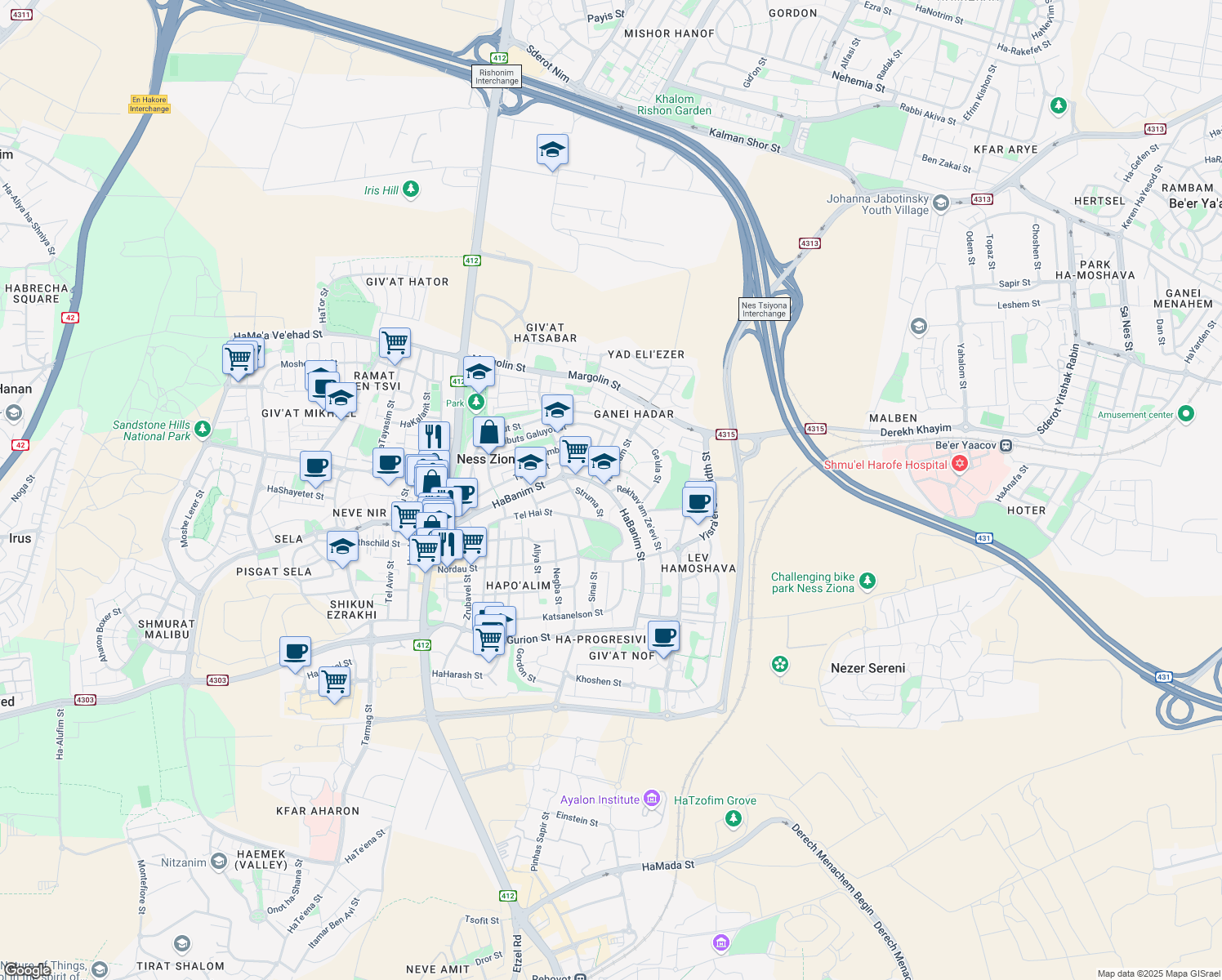 map of restaurants, bars, coffee shops, grocery stores, and more near 1 Rekhav'am Ze'evi Street in Ness Ziona