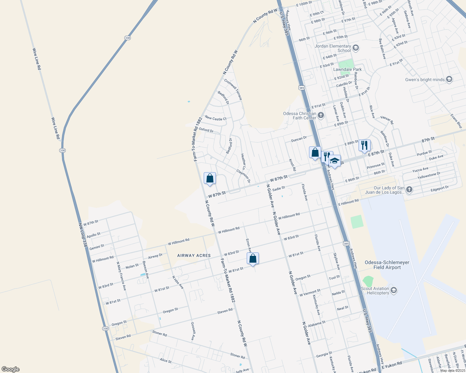 map of restaurants, bars, coffee shops, grocery stores, and more near 13 Dartmouth Circle in Odessa