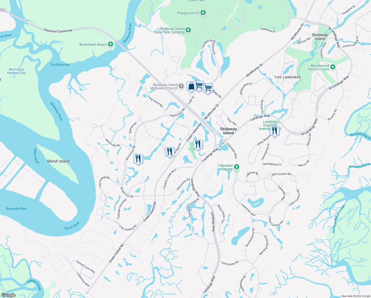 map of restaurants, bars, coffee shops, grocery stores, and more near 15 Highgate Lane in Savannah
