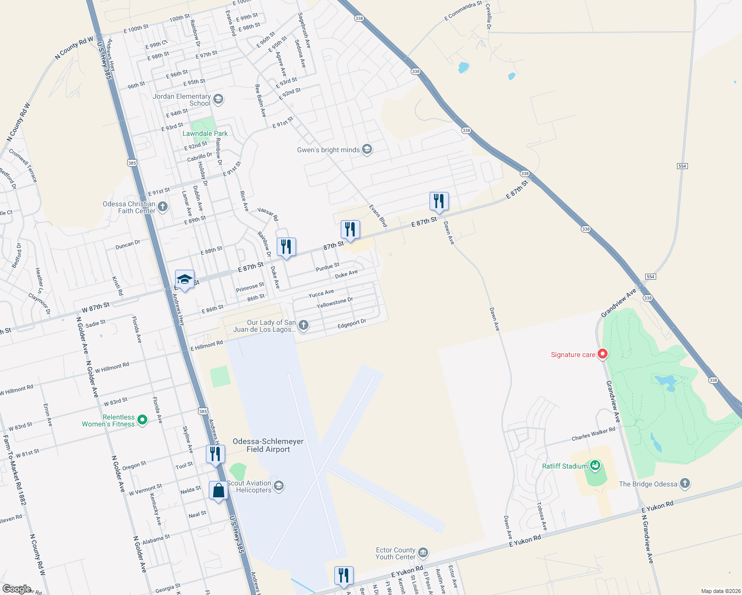 map of restaurants, bars, coffee shops, grocery stores, and more near 1118 Yellowstone Dr in Odessa