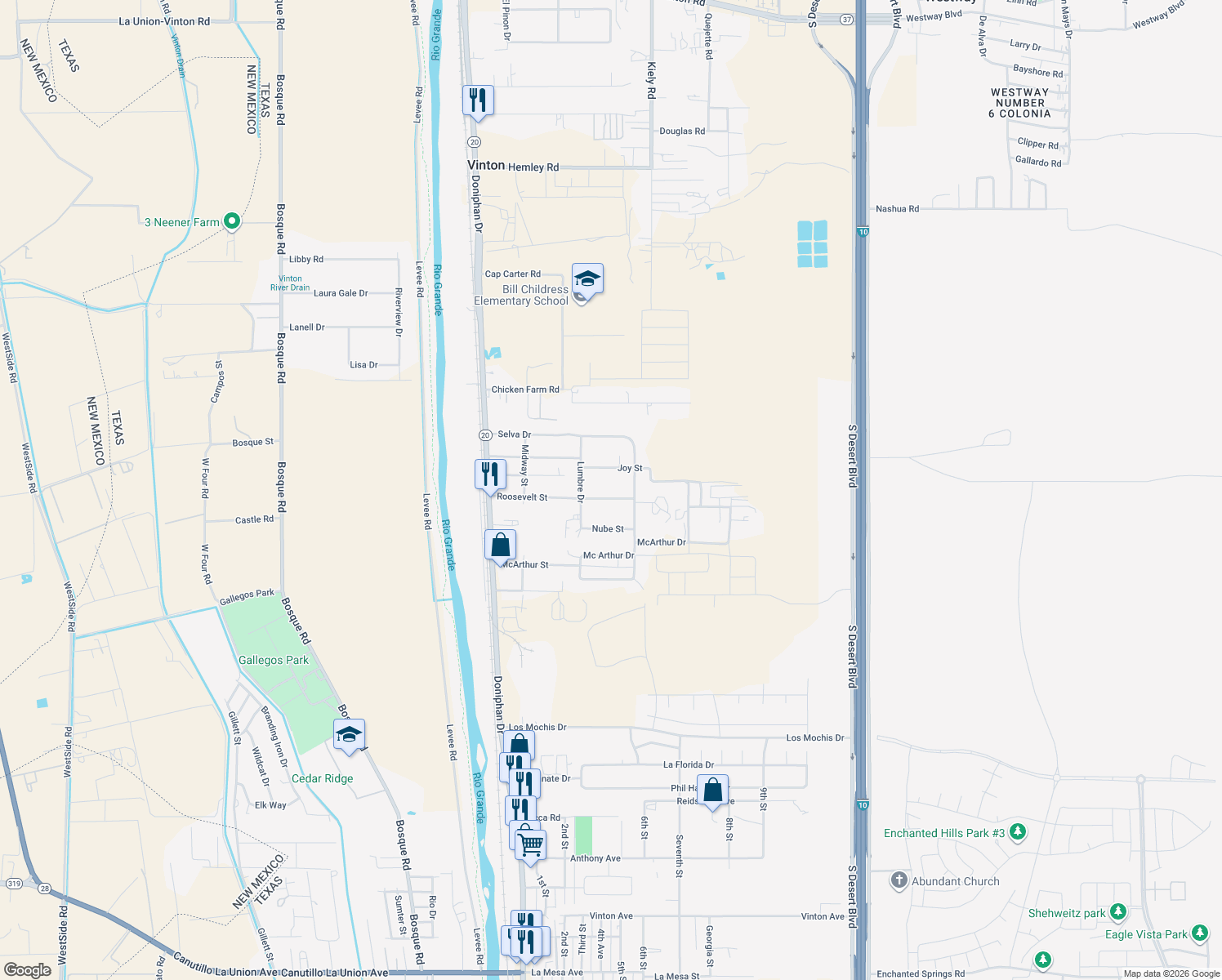 map of restaurants, bars, coffee shops, grocery stores, and more near 341 Roosevelt St in Canutillo