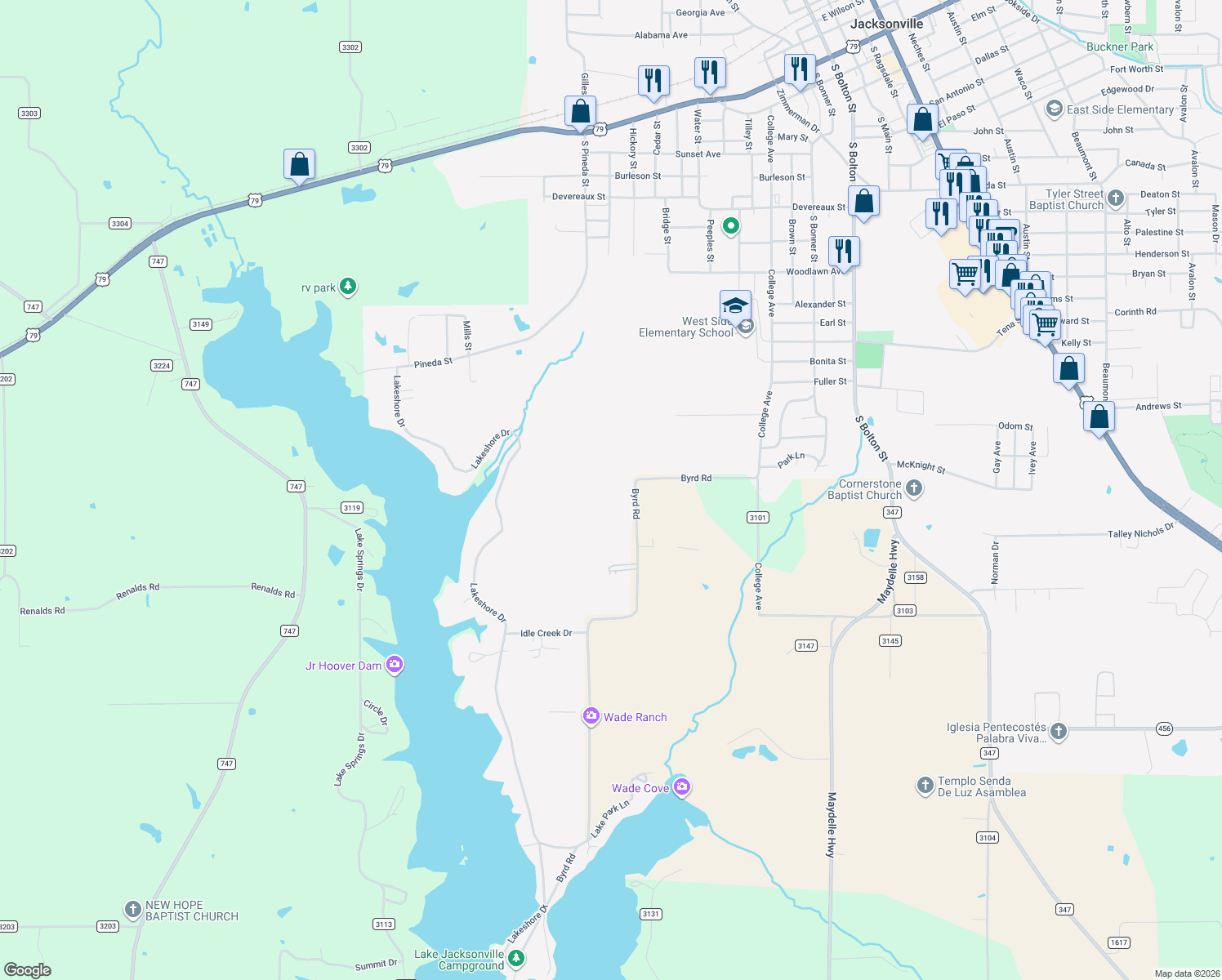 map of restaurants, bars, coffee shops, grocery stores, and more near 1901 Byrd Road in Jacksonville