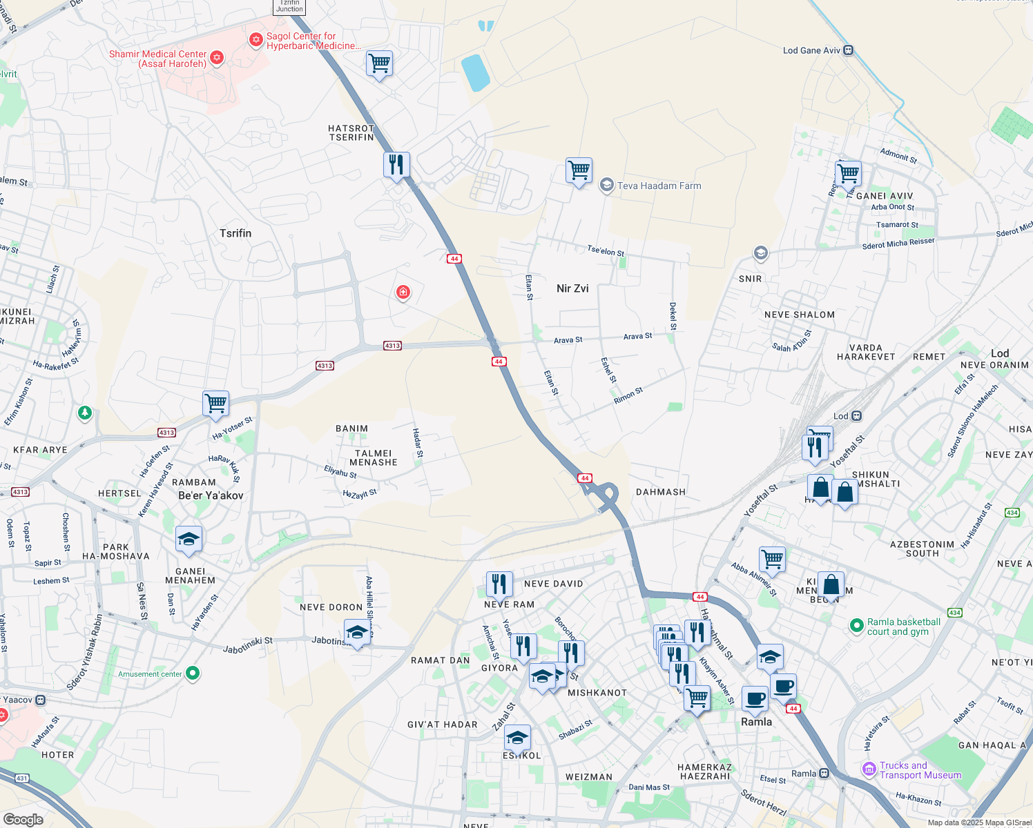 map of restaurants, bars, coffee shops, grocery stores, and more near in Be'er Ya'akov