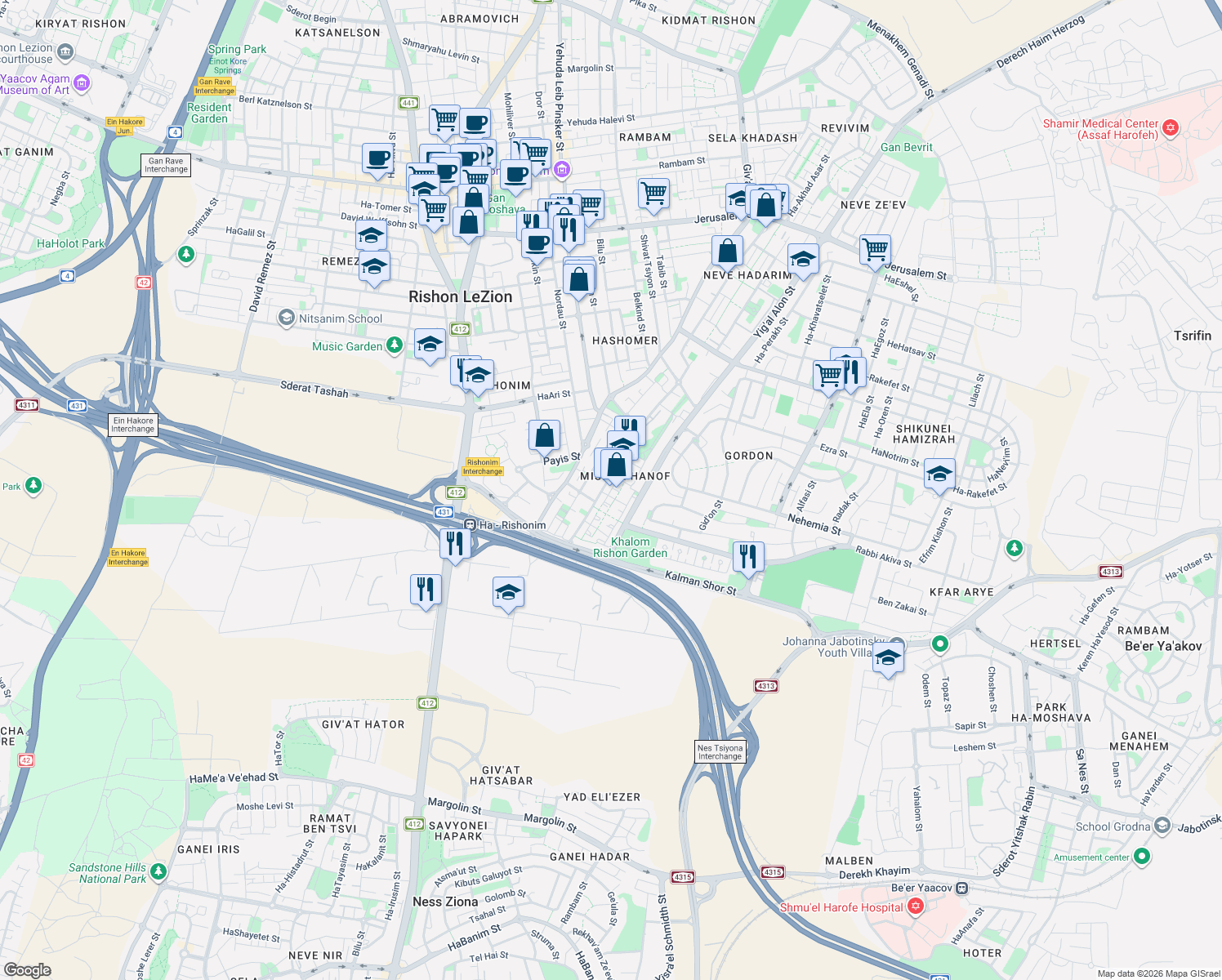 map of restaurants, bars, coffee shops, grocery stores, and more near 1 Mordechai Regev Street in Rishon LeZion