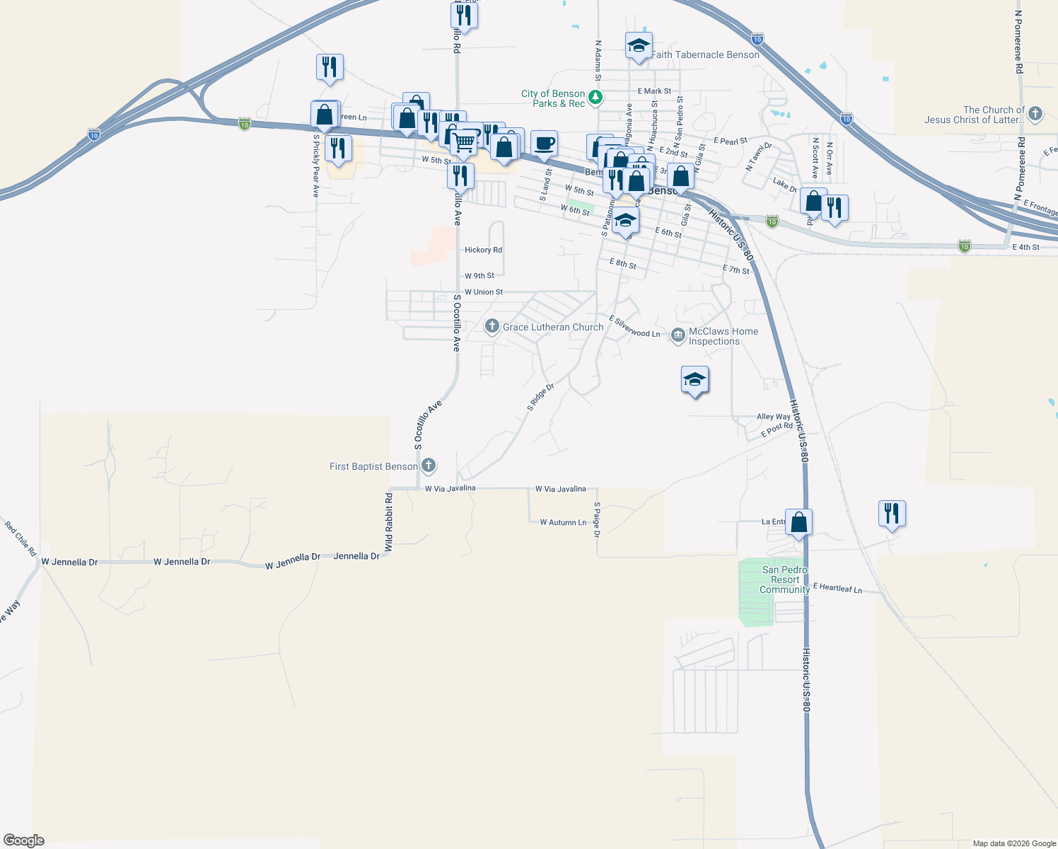 map of restaurants, bars, coffee shops, grocery stores, and more near 877 S Ridge Dr in Benson