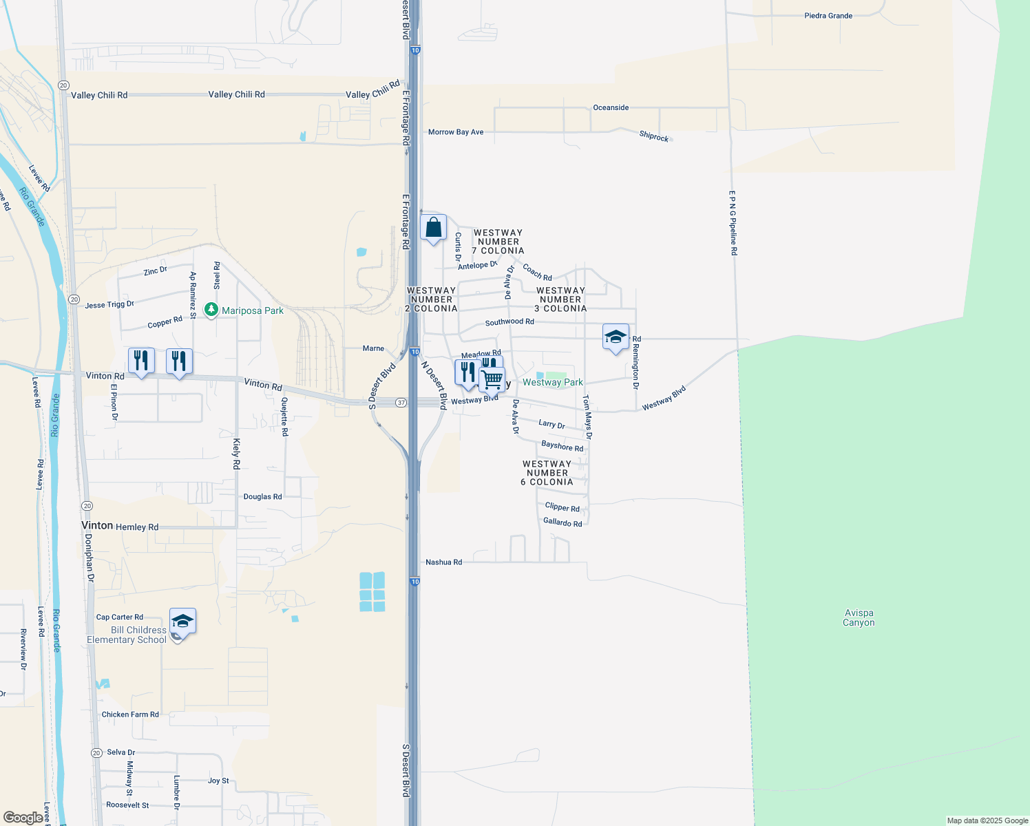 map of restaurants, bars, coffee shops, grocery stores, and more near De Alva Drive in Canutillo
