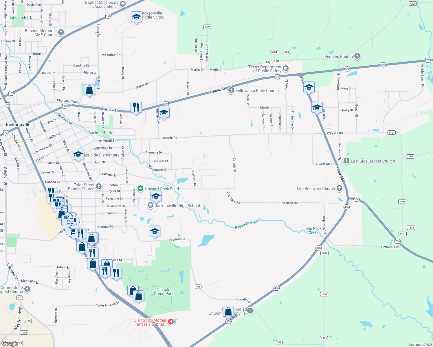map of restaurants, bars, coffee shops, grocery stores, and more near 2112 Baylor Street in Jacksonville