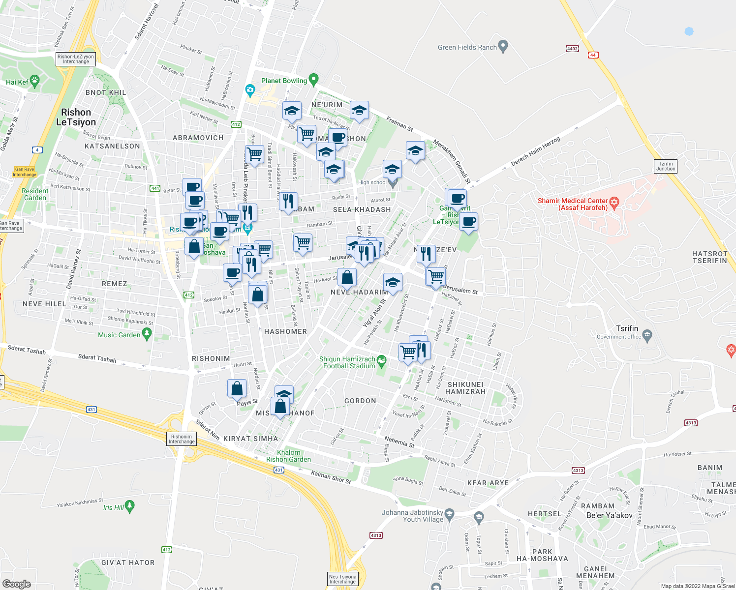 map of restaurants, bars, coffee shops, grocery stores, and more near 30 HaKukiya Street in Rishon LeTsiyon