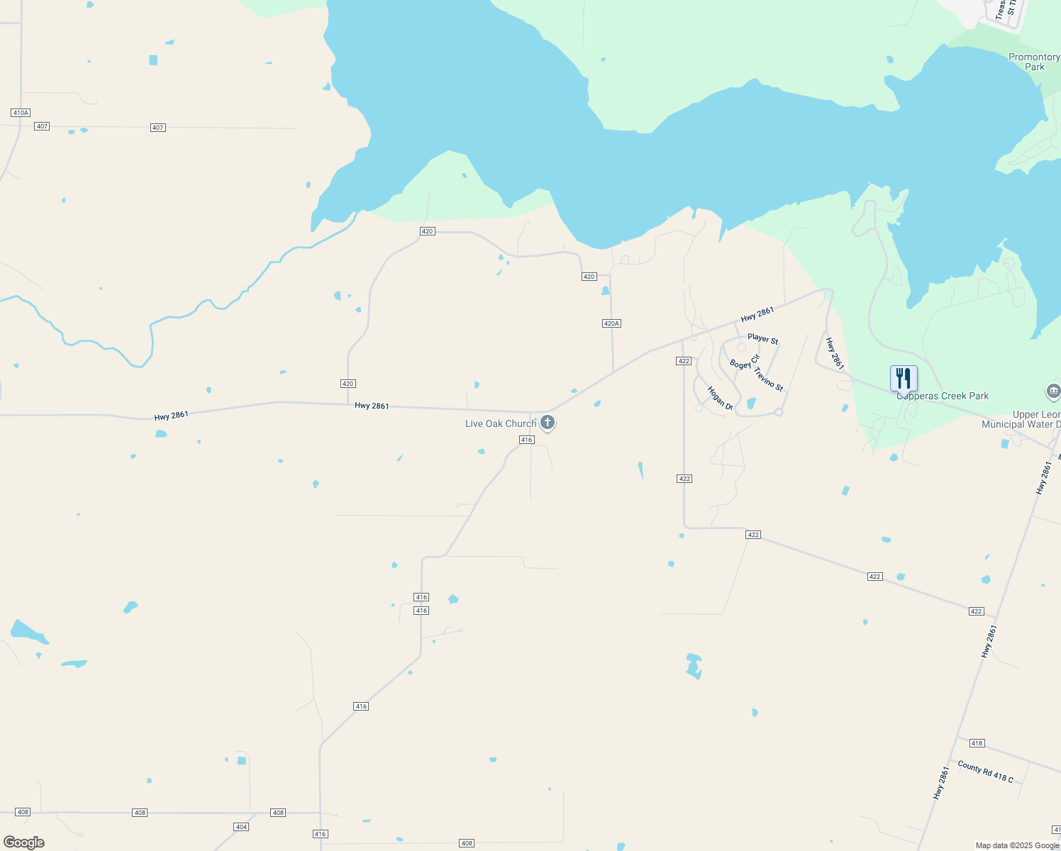 map of restaurants, bars, coffee shops, grocery stores, and more near 1543 County Road 416 in Comanche